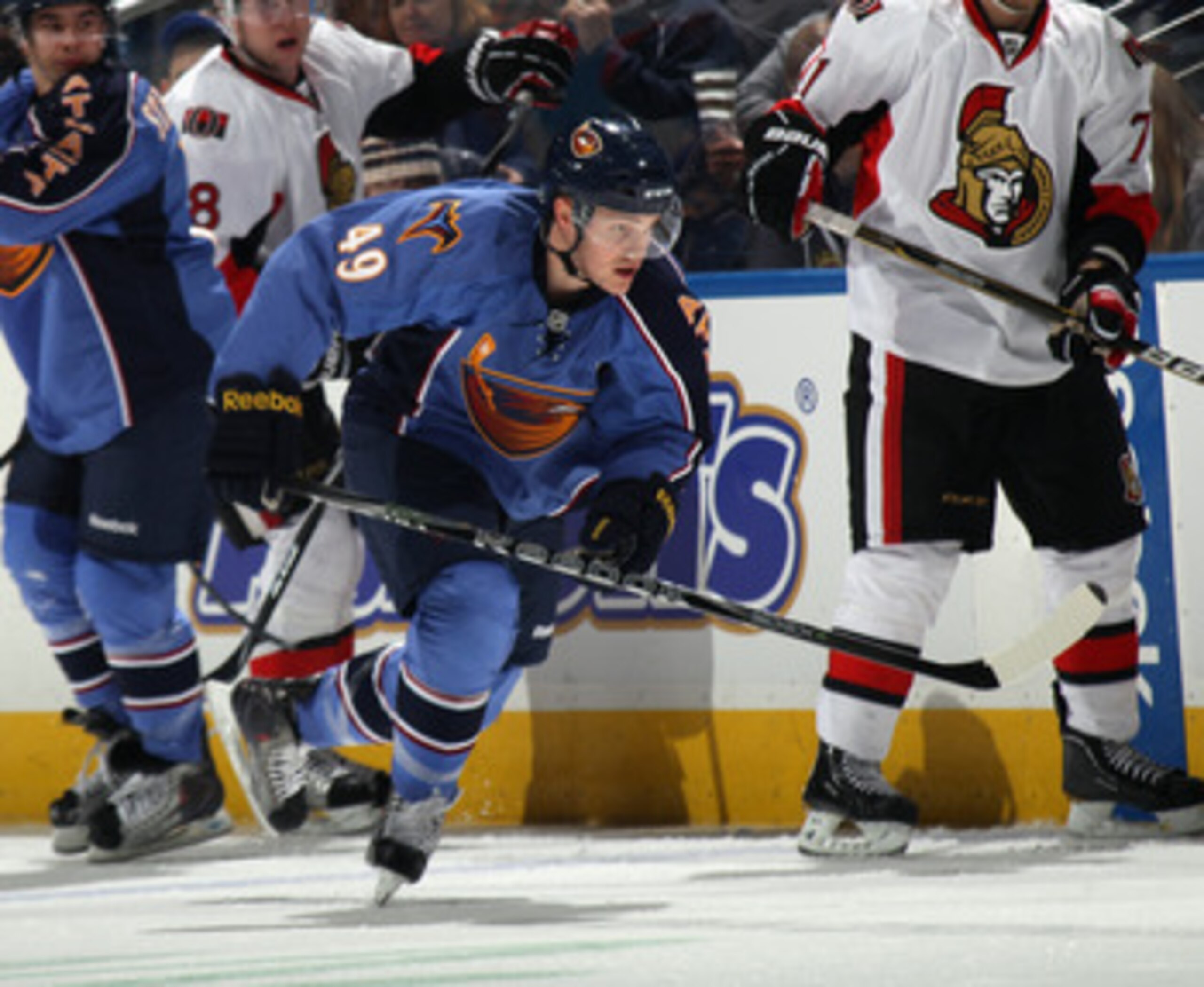 ATLANTA, GA - MARCH 27:  Ben Maxwell #49 of the Atlanta Thrashers skates against the Ottawa Senators at the Philips Arena on March 27, 2011 in Atlanta, Georgia. The Thrashers defeated the 5-4 in the shoot out.  (Photo by Bruce Bennett/Getty Images)