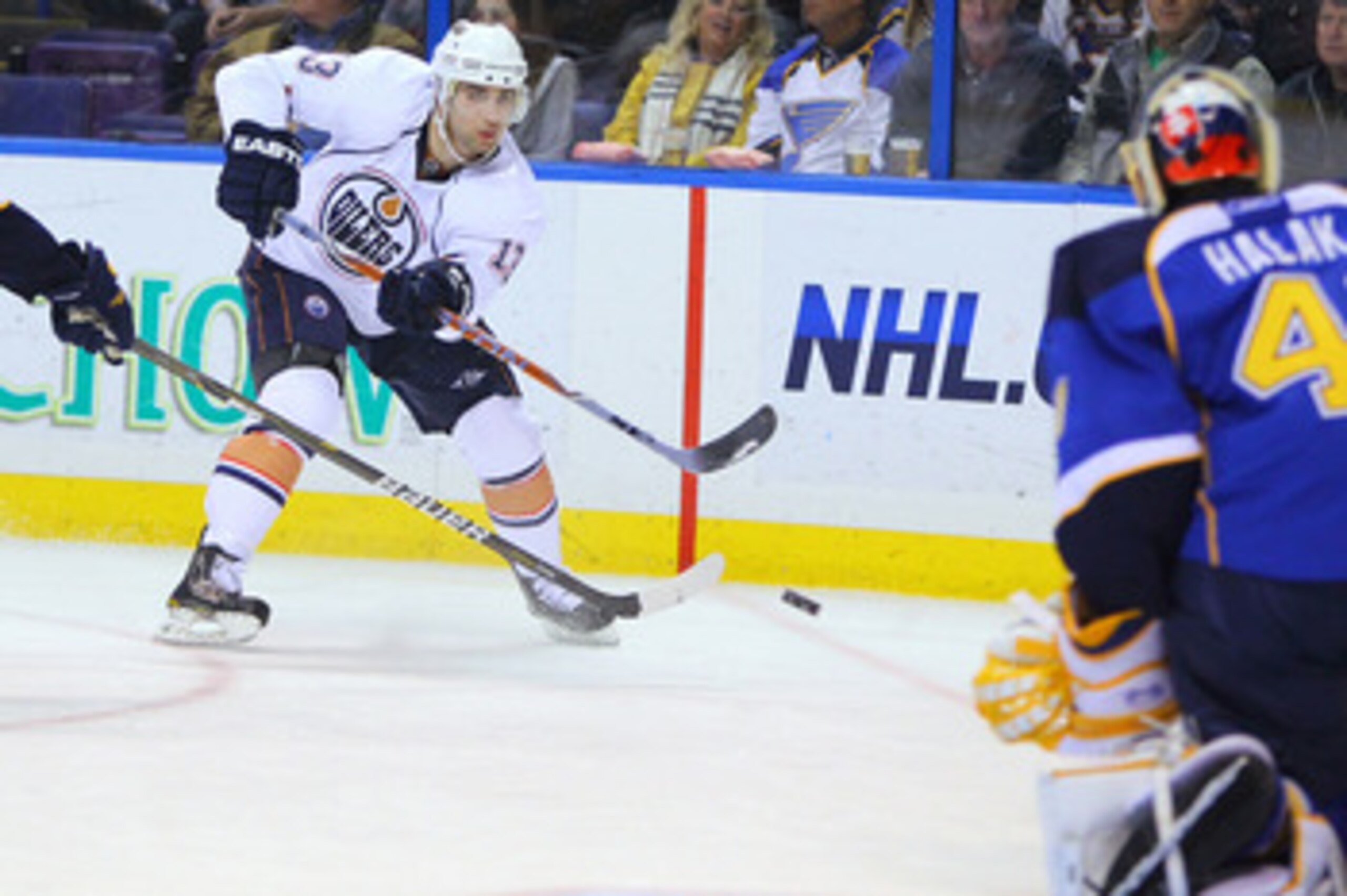 ST. LOUIS, MO - MARCH 24: Andrew Cogliano #13 of the Edmonton Oilers shoots the puck against the St. Louis Blues at the Scottrade Center on March 24, 2011 in St. Louis, Missouri.  (Photo by Dilip Vishwanat/Getty Images)