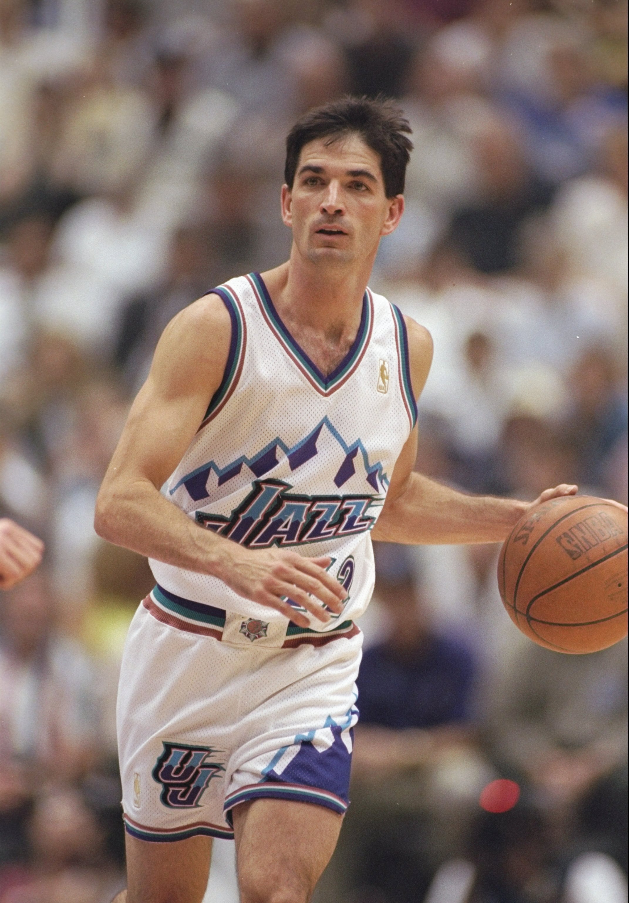27 May 1997:  Utah Jazz guard John Stockton dribbles up the court during playoff game at the Delta Center in Salt Lake City, Utah.  The Jazz won the 96-91. Mandatory Credit: Brian Bahr  /Allsport