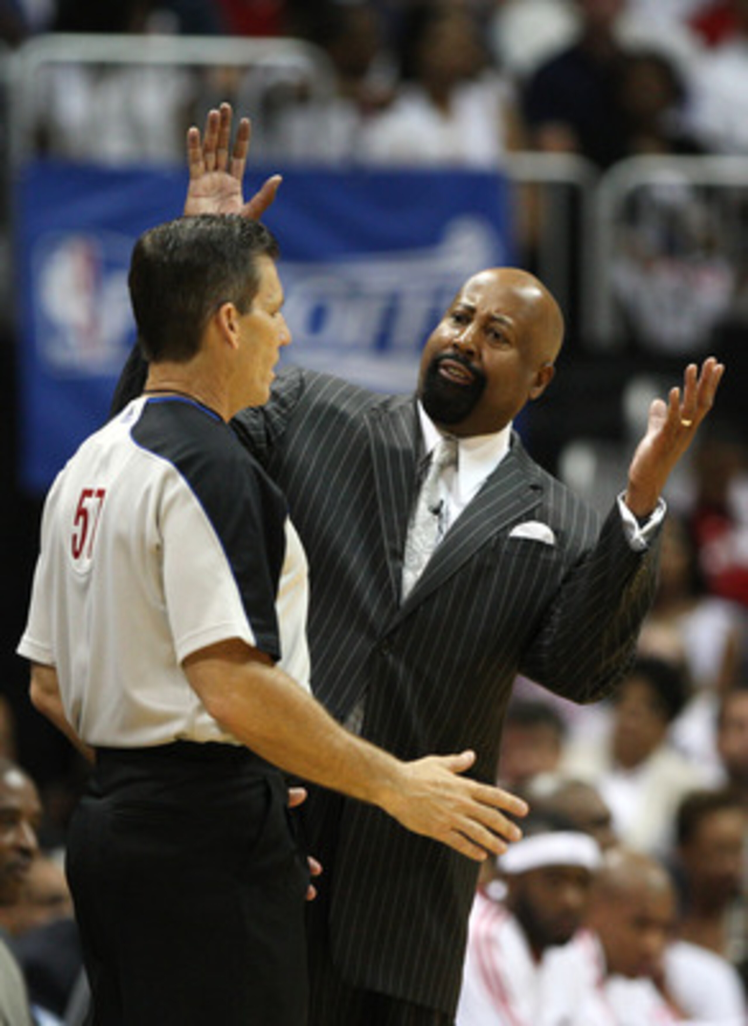 ATLANTA - MAY 2: Atlanta Hawks head coach Mike Woodson argues with referee Greg Willard #57 during Game Seven of the Eastern Conference Quarterfinals between the Milwaukee Bucks and the Atlanta Hawks during the 2010 NBA Playoffs at Philips Arena on May 2 ATLANTA - MAY 2: Atlanta Hawks head coach Mike Woodson argues with referee Greg Willard #57 during Game Seven of the Eastern Conference Quarterfinals between the Milwaukee Bucks and the Atlanta Hawks during the 2010 NBA Playoffs at Philips Arena on May 2