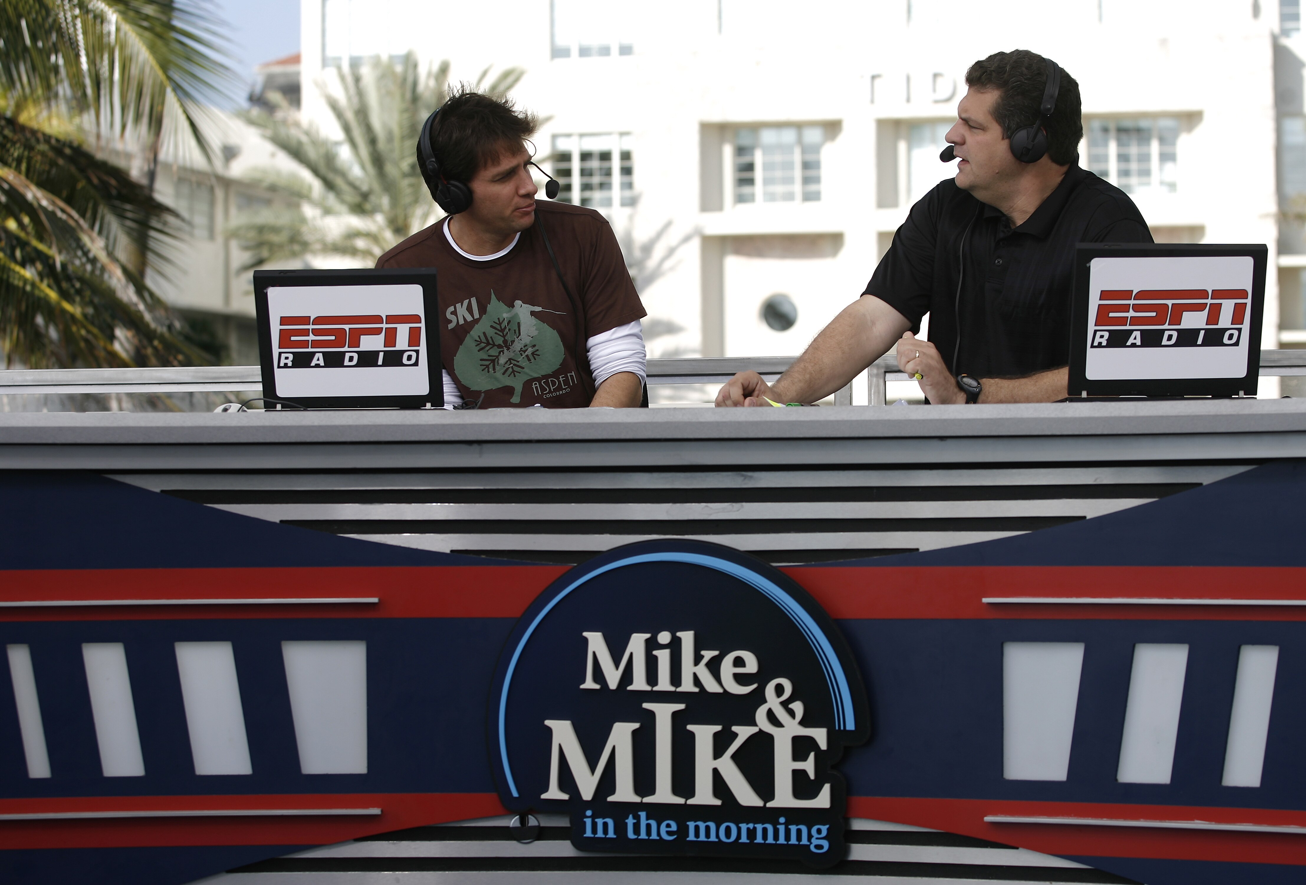Mike Greenberg and Mike Golic during their ESPN Radio show, Mike & Mike in the Morning, broadcast on the ESPN set in Miami, Florida on February 1, 2007. (Photo by Allen Kee/Getty Images)