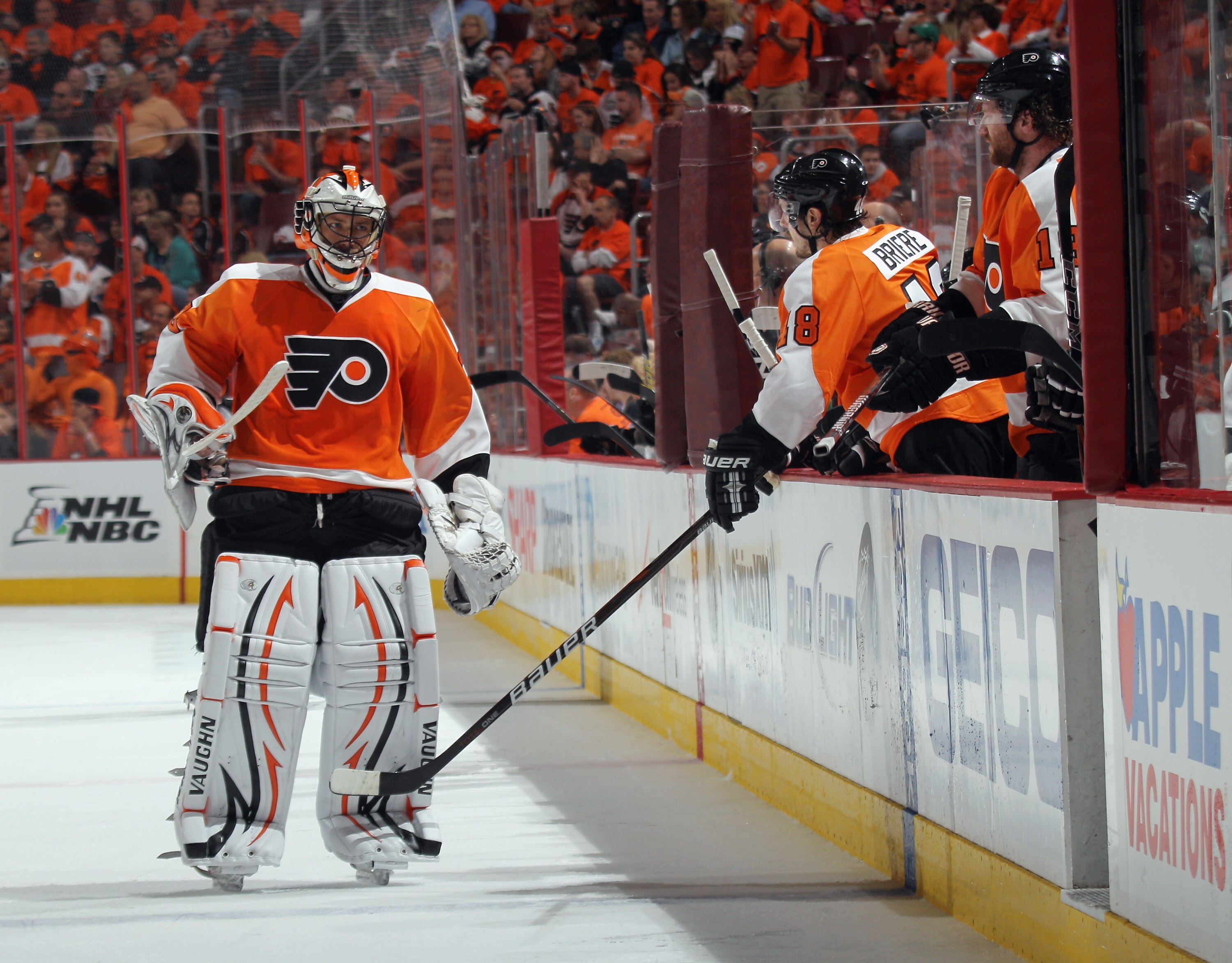 PHILADELPHIA, PA - APRIL 30:  Brian Boucher #33 of the Philadelphia Flyers is pulled from the net in his game against the Boston Bruins in Game One of the Eastern Conference Semifinals during the 2011 NHL Stanley Cup Playoffs at the Wells Fargo Center on 