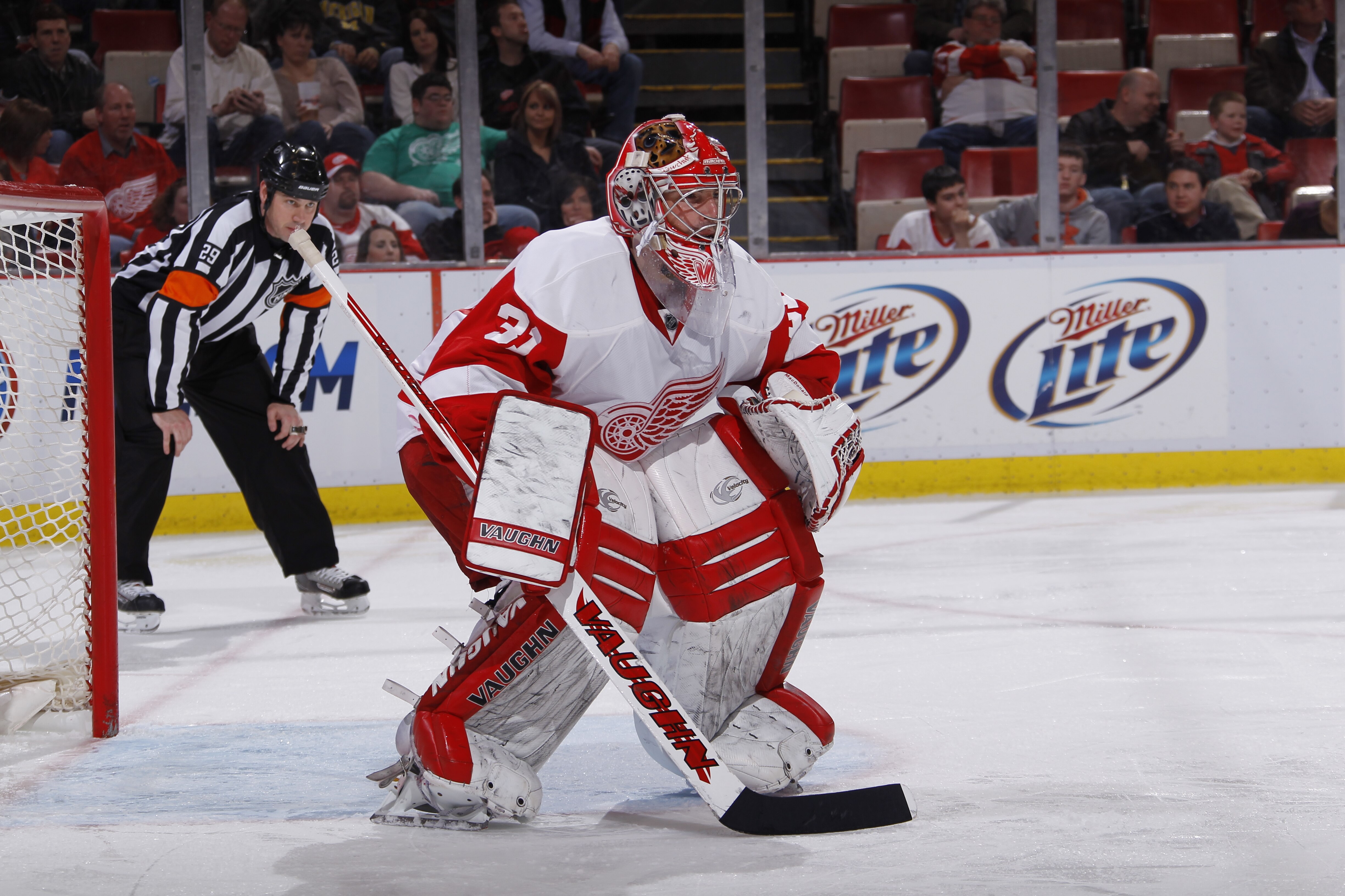 DETROIT, MI - MARCH 30:  Joey MacDonald #31 of the Detroit Red Wings watches the puck while playing against the St. Louis Blues at Joe Louis Arena on March 30, 2011 in Detroit, Michigan.  (Photo by Gregory Shamus/Getty Images)