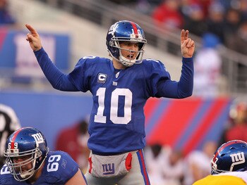 EAST RUTHERFORD, NJ - DECEMBER 05:  Eli Manning #10 of the New York Giants in action against the Washington Redskins during their game on December 5, 2010 at The New Meadowlands Stadium in East Rutherford, New Jersey.  (Photo by Al Bello/Getty Images)