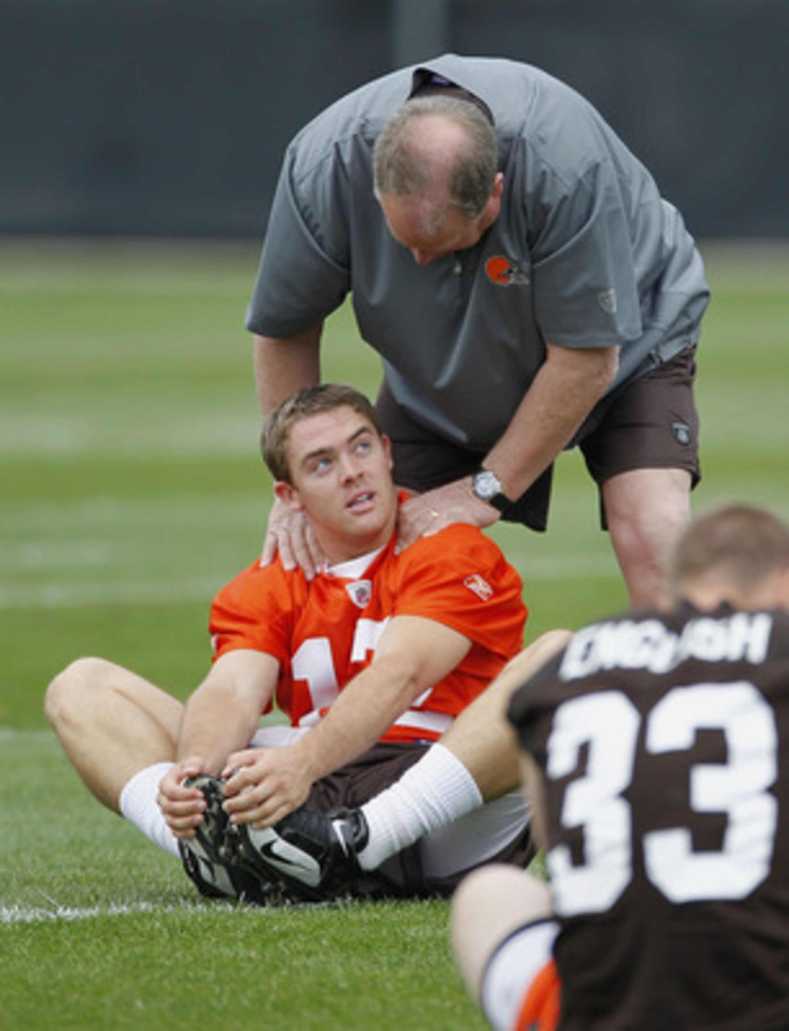 BEREA, OH - MAY 01: Colt McCoy #12 of the Cleveland Browns talks with team president Mike Holmgren during rookie mini camp at the Cleveland Browns Training and Administrative Complex on May 1, 2010 in Berea, Ohio. (Photo by Gregory Shamus/Getty Images) BEREA, OH - MAY 01: Colt McCoy #12 of the Cleveland Browns talks with team president Mike Holmgren during rookie mini camp at the Cleveland Browns Training and Administrative Complex on May 1, 2010 in Berea, Ohio. (Photo by Gregory Shamus/Getty Images)