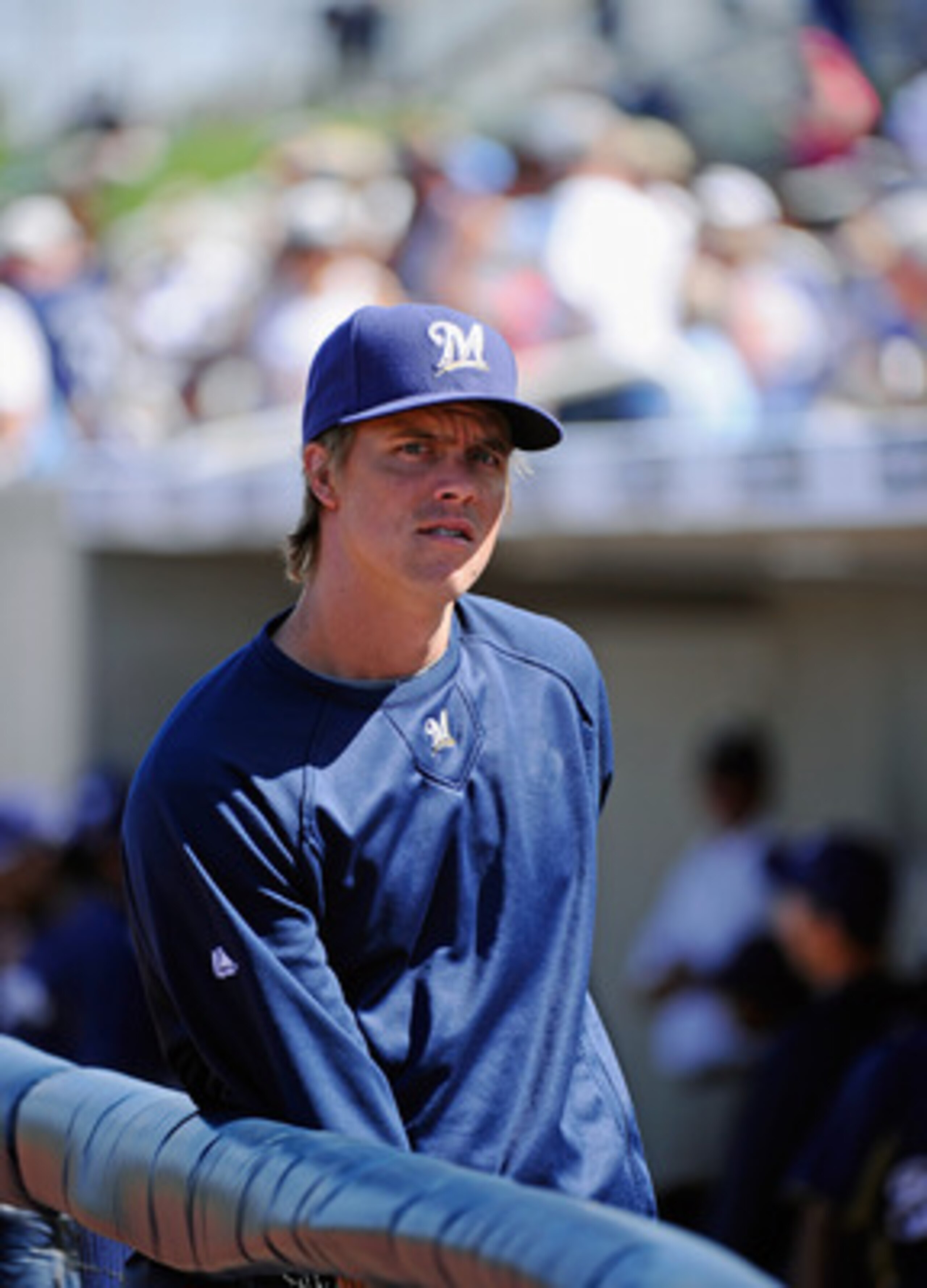 PHOENIX, AZ - MARCH 10:  Pitcher Zack Greinke #13  of the Milwaukee Brewers  during the spring training baseball game against Colorado Rockies at Maryvale Baseball Park on March 10, 2011 in Phoenix, Arizona.  (Photo by Kevork Djansezian/Getty Images)