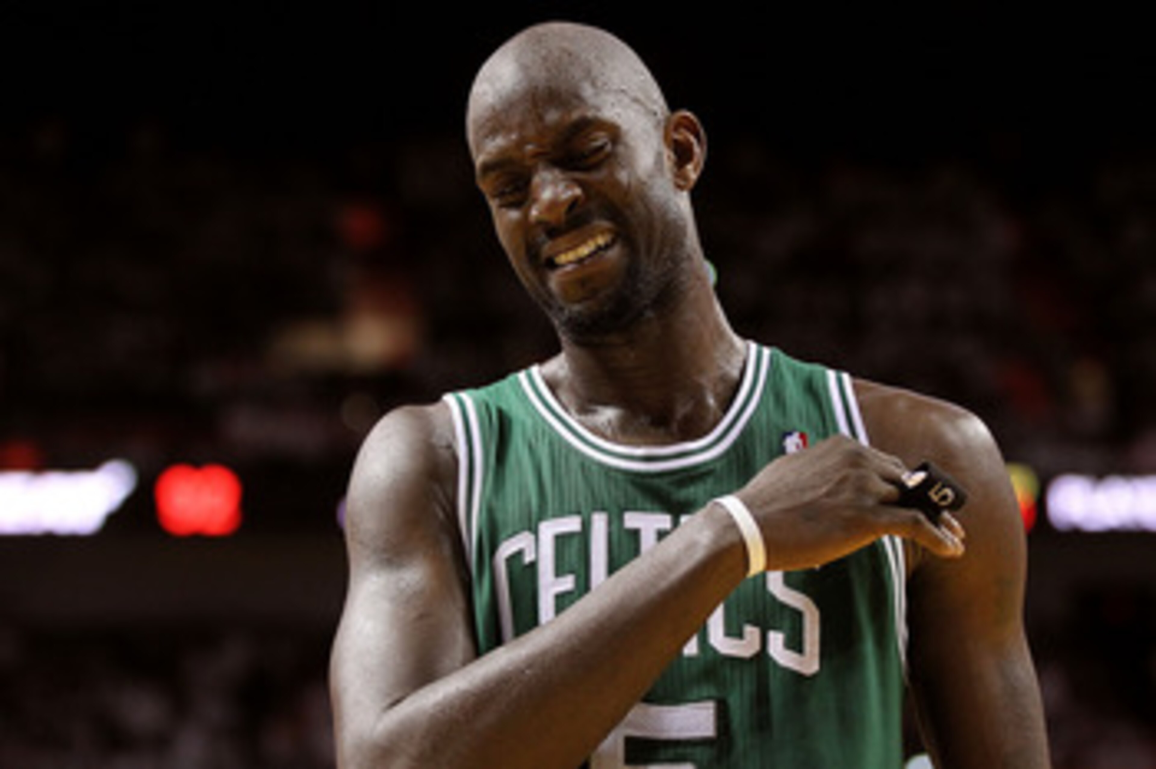 MIAMI, FL - MAY 03:  Kevin Garnett #5 of the Boston Celtics reacts to a foul during Game Two of the Eastern Conference Semifinals of the 2011 NBA Playoffs against the Miami Heat at American Airlines Arena on May 3, 2011 in Miami, Florida. NOTE TO USER: Us