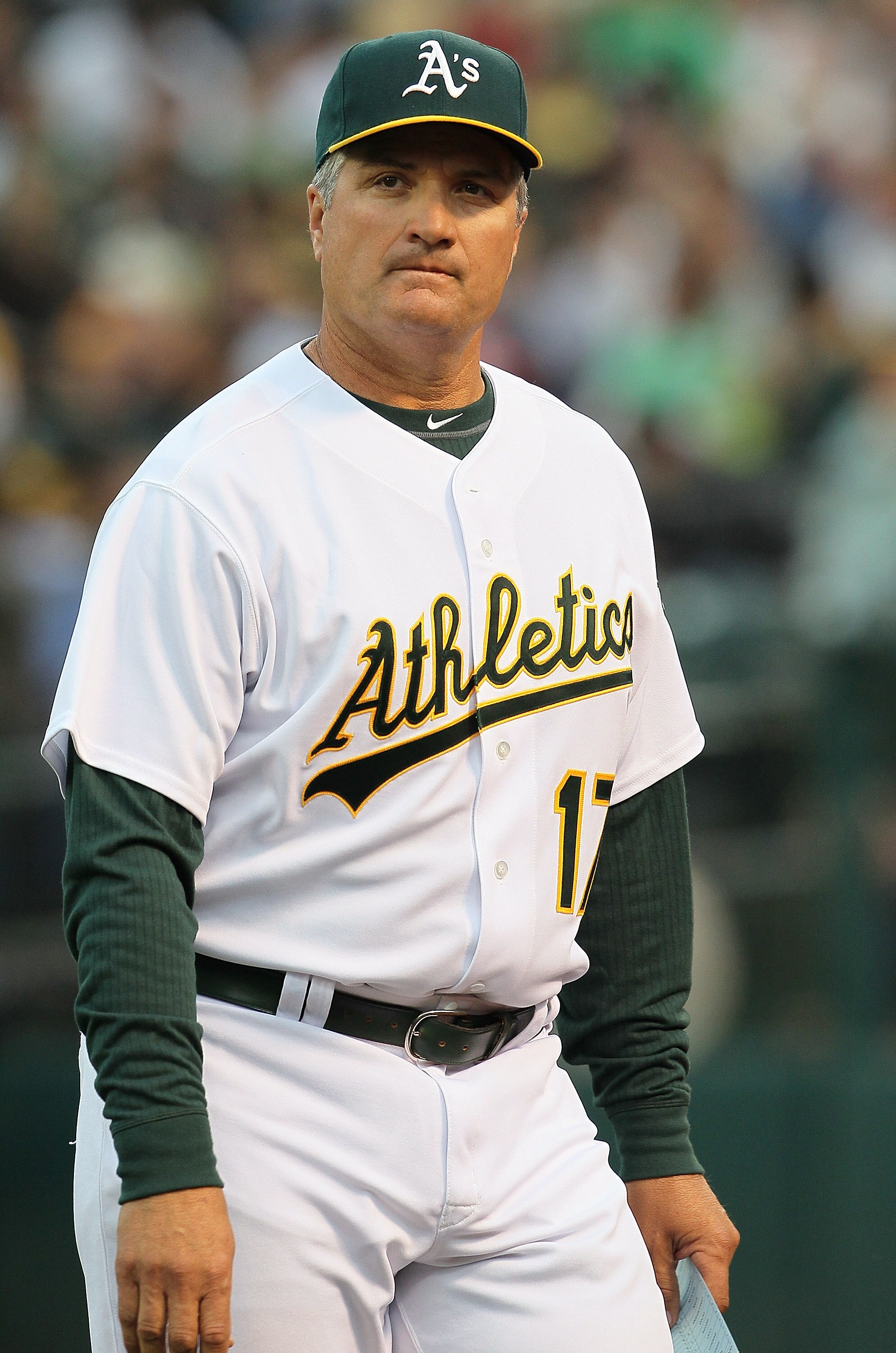OAKLAND, CA - APRIL 01:  Oakland Athletics manager Bob Geren #17 looks on before the start of a game against the Seattle Mariners at the Oakland-Alameda County Coliseum on April 1, 2011 in Oakland, California  (Photo by Justin Sullivan/Getty Images)