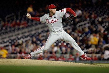WASHINGTON, DC - APRIL 13:  Roy Halladay #34 of the Philadelphia Phillies delivers to a Washington Nationals batter at Nationals Park on April 13, 2011 in Washington, DC.  (Photo by Rob Carr/Getty Images)