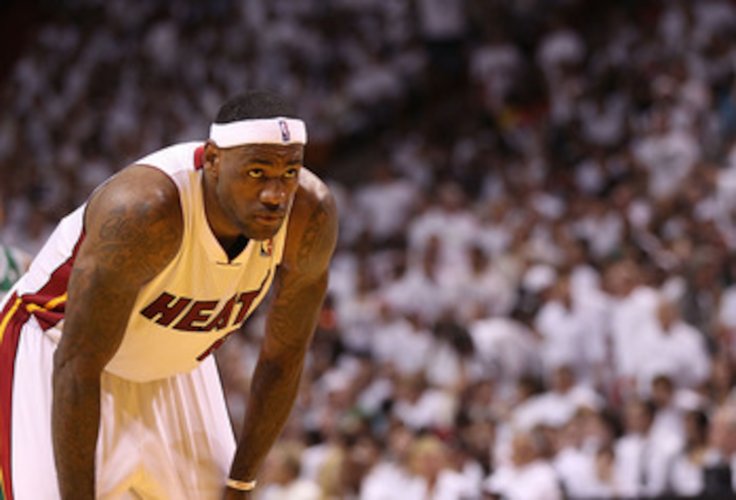 MIAMI, FL - MAY 01: LeBron James #6 of the Miami Heat looks on during Game One of the Eastern Conference Semifinals of the 2011 NBA Playoffs against the Boston Celtics at American Airlines Arena on May 1, 2011 in Miami, Florida. NOTE TO USER: User expres MIAMI, FL - MAY 01: LeBron James #6 of the Miami Heat looks on during Game One of the Eastern Conference Semifinals of the 2011 NBA Playoffs against the Boston Celtics at American Airlines Arena on May 1, 2011 in Miami, Florida. NOTE TO USER: User expres