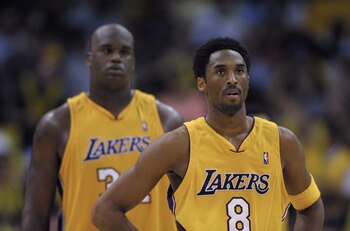 22 Apr 2001: Kobe Bryant #8  and Shaquille O''Neal #34 of the Los Angeles Lakers during Game 1 of the NBA Playoffs against the Portland Trail Blazers at the Staples Center in Los Angeles, California.  The Lakers won 106-93.   DIGITAL IMAGE.  Mandatory Cre