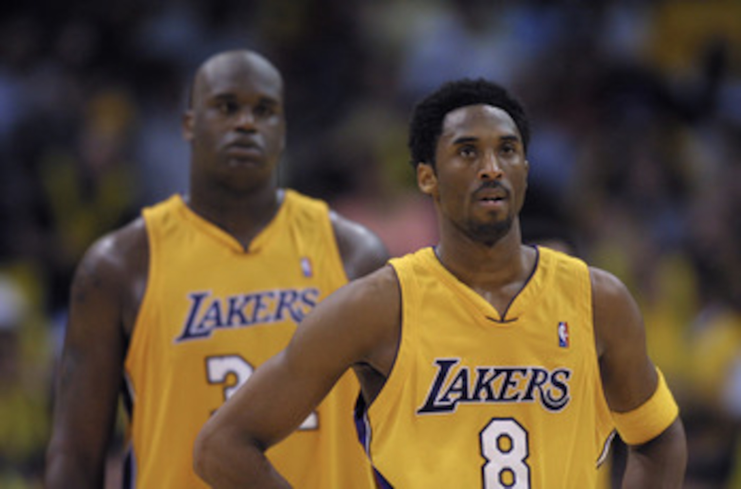 22 Apr 2001: Kobe Bryant #8  and Shaquille O''Neal #34 of the Los Angeles Lakers during Game 1 of the NBA Playoffs against the Portland Trail Blazers at the Staples Center in Los Angeles, California.  The Lakers won 106-93.   DIGITAL IMAGE.  Mandatory Cre