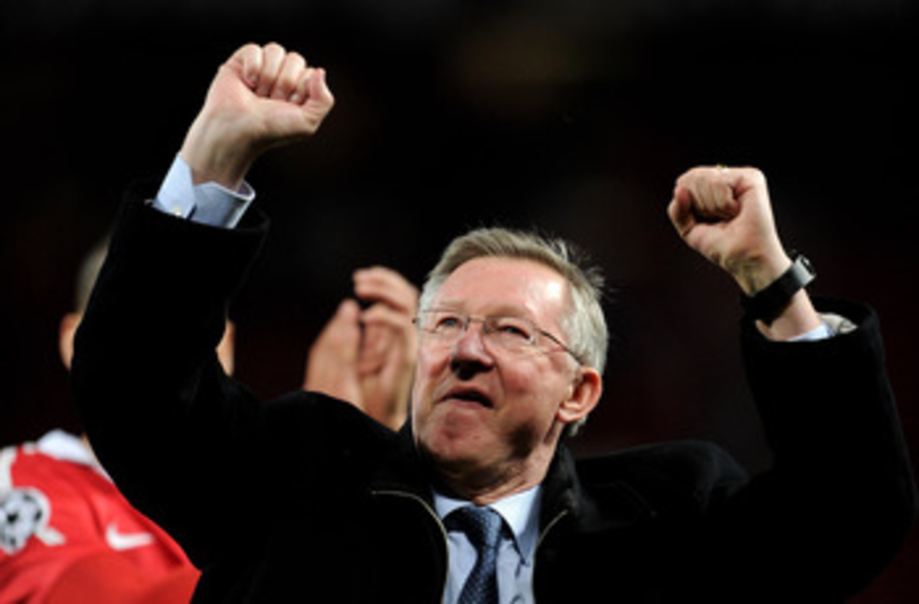 MANCHESTER, ENGLAND - MAY 04:  Manchester United Manager Sir Alex Ferguson celebrates at the end of the UEFA Champions League Semi Final second leg match between Manchester United and Schalke at Old Trafford on May 4, 2011 in Manchester, England.  (Photo