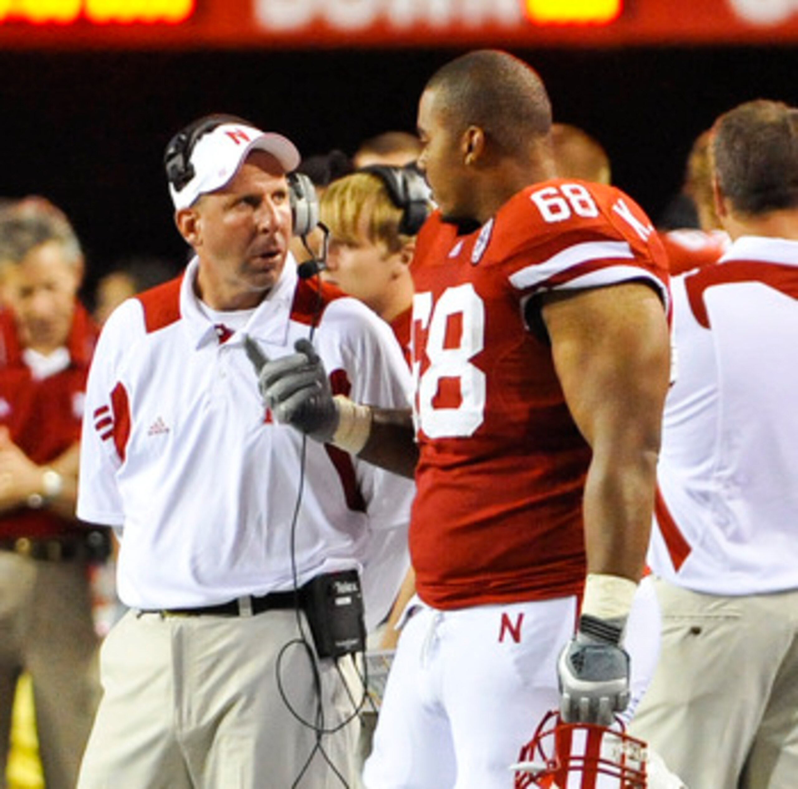 LINCOLN, NE - SEPTEMBER 04: Head Coach Bo Pelini of the Nebraska Cornhuskers talks with Keith Williams #68 during a break in second half action of their game against the Western Kentucky Hilltoppers at Memorial Stadium on September 4, 2010 in Lincoln, Neb LINCOLN, NE - SEPTEMBER 04: Head Coach Bo Pelini of the Nebraska Cornhuskers talks with Keith Williams #68 during a break in second half action of their game against the Western Kentucky Hilltoppers at Memorial Stadium on September 4, 2010 in Lincoln, Neb