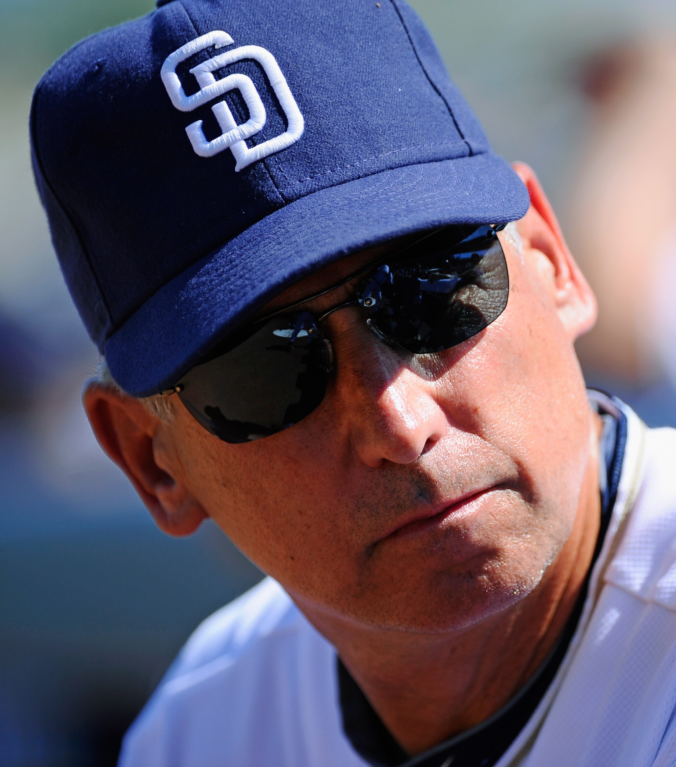 PEORIA, AZ - MARCH 13:  Manager Bud Black of the San Diego Padres looks on during the spring training baseball game against the Cleveland Indians at Peoria Stadium on March 13, 2011 in Peoria, Arizona.  (Photo by Kevork Djansezian/Getty Images)