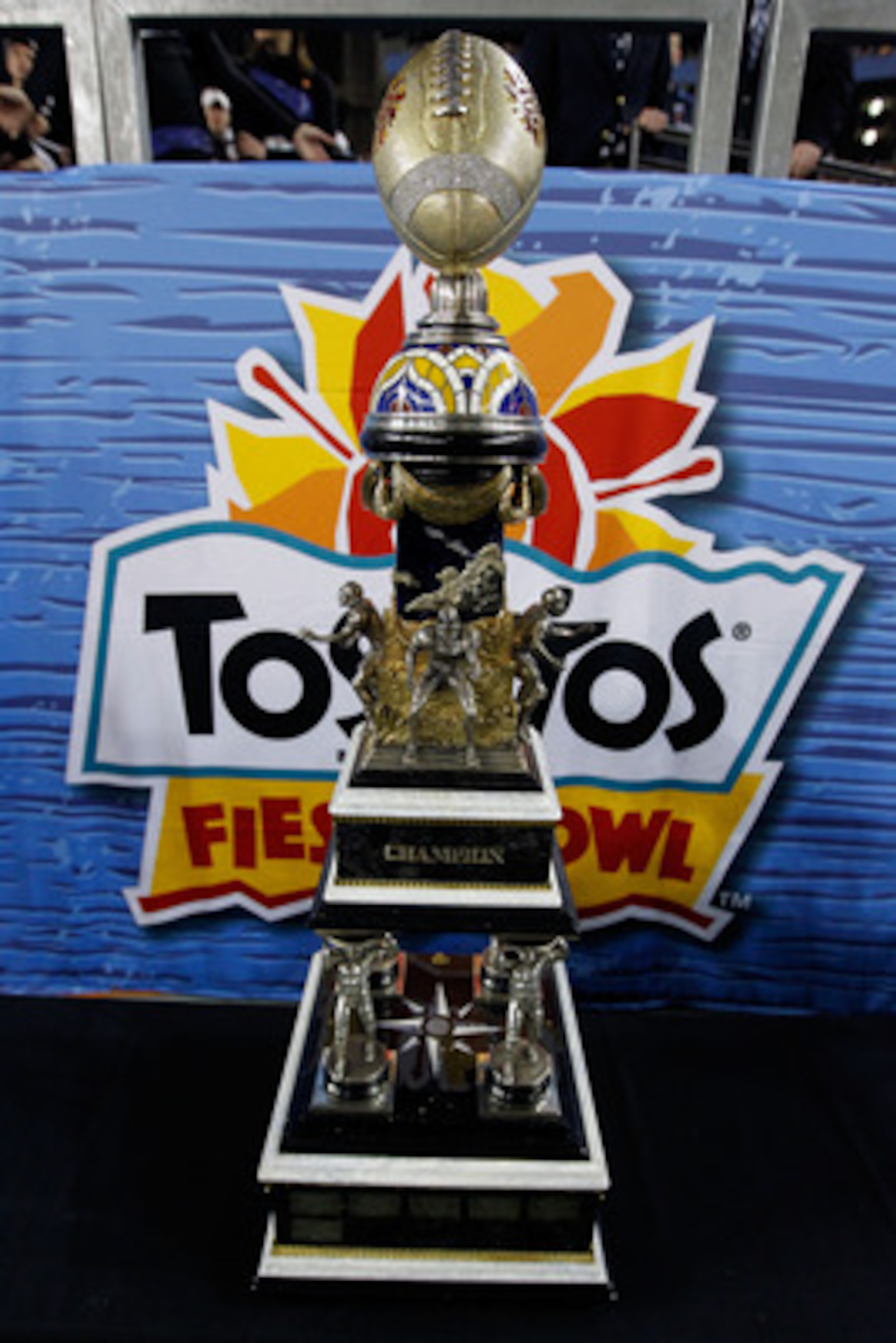 GLENDALE, AZ - JANUARY 01:  The Fiesta Bowl trophy is displayed on the field in the second half during the Tostitos Fiesta Bowl between the Oklahoma Sooners and the Connecticut Huskies at the Universtity of Phoenix Stadium on January 1, 2011 in Glendale, 