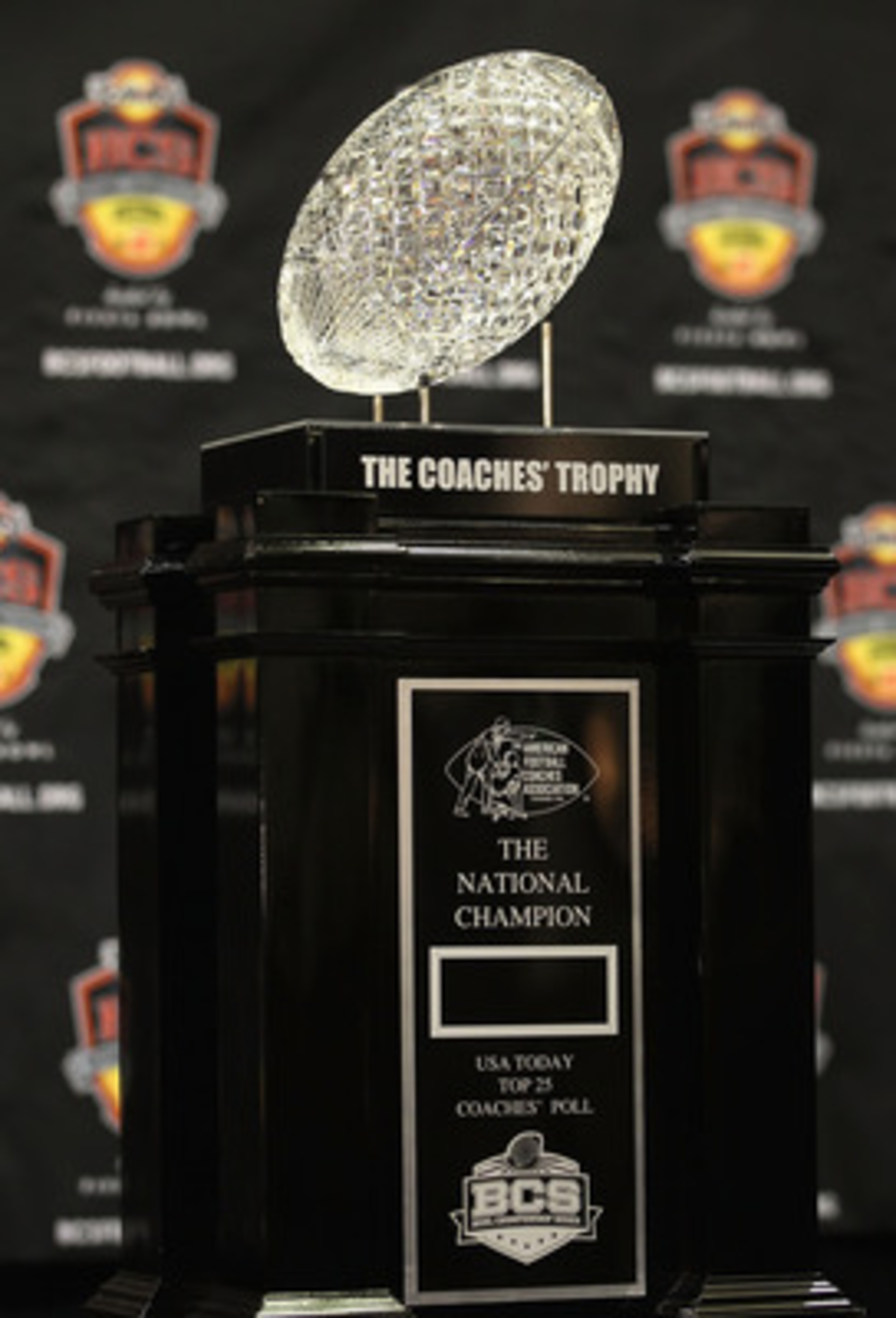 SCOTTSDALE, AZ - JANUARY 07:  The coaches trophy is displayed during Media Day for the Tostitos BCS National Championship Game at the JW Marriott Camelback Inn on January 7, 2011 in Scottsdale, Arizona.  (Photo by Christian Petersen/Getty Images)