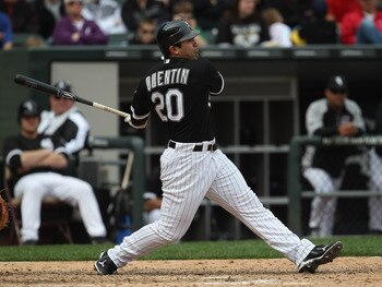 CHICAGO, IL - MAY 01: Carlos Quentin #20 of the Chicago White Sox hits the ball against the Baltimore Orioles at U.S. Cellular Field on May 1, 2011 in Chicago, Illinois. The Orioles defeated the White Sox 6-4. (Photo by Jonathan Daniel/Getty Images)