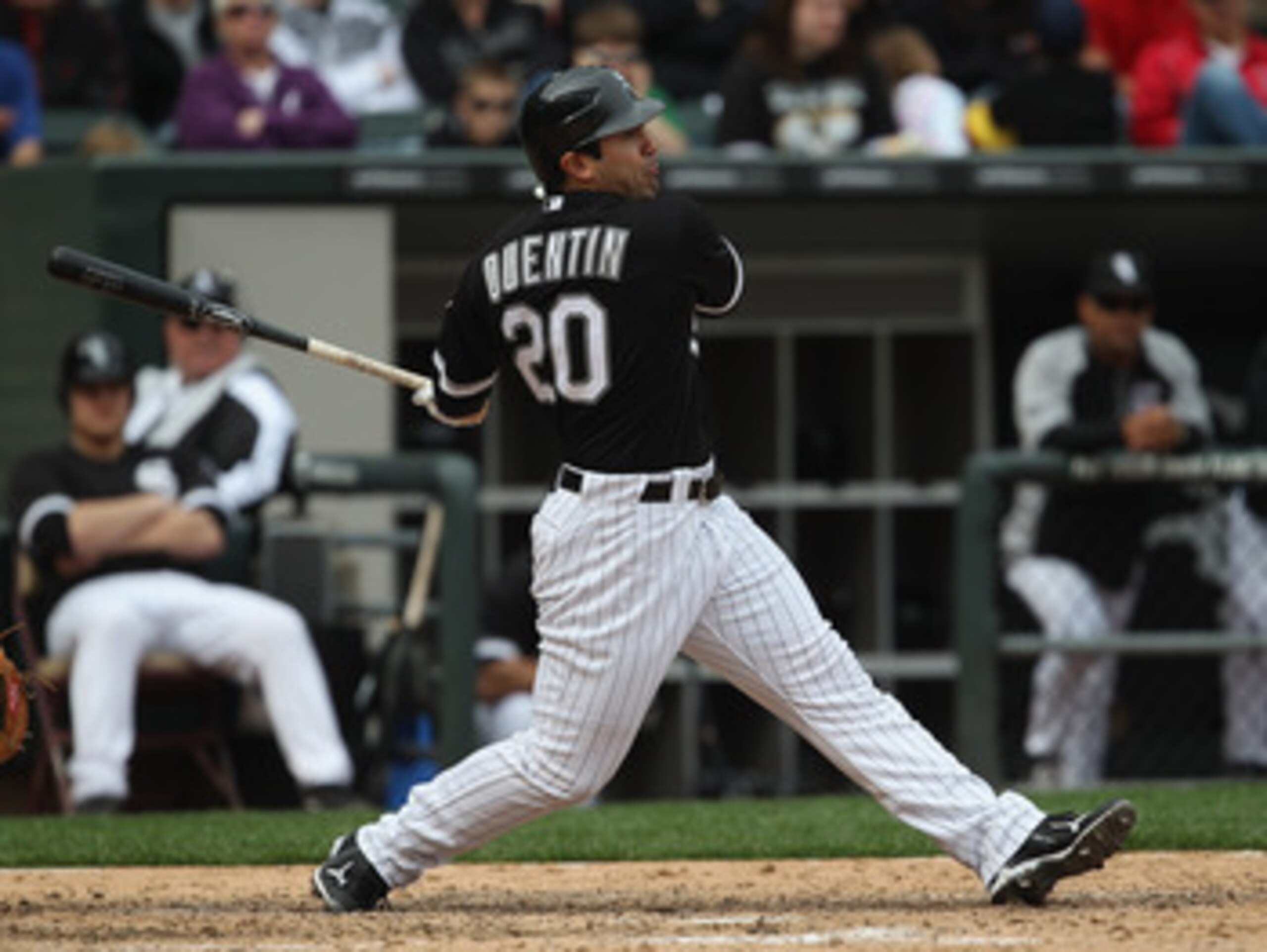 CHICAGO, IL - MAY 01: Carlos Quentin #20 of the Chicago White Sox hits the ball against the Baltimore Orioles at U.S. Cellular Field on May 1, 2011 in Chicago, Illinois. The Orioles defeated the White Sox 6-4. (Photo by Jonathan Daniel/Getty Images)