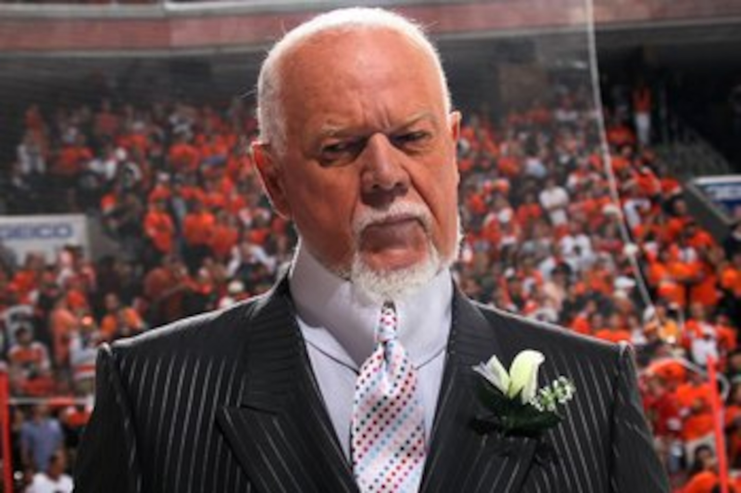 PHILADELPHIA - JUNE 09:  CBC sportscaster Don Cherry reports before Game Six of the 2010 NHL Stanley Cup Final between the Chicago Blackhawks and the Philadelphia Flyers at the Wachovia Center on June 9, 2010 in Philadelphia, Pennsylvania.  (Photo by Bruc