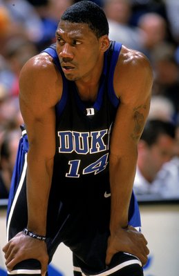 27 Nov 1999: Nate James #14 of the Duke Blue Devils rests on the court during the Wooden Classic against the USC Trojans at the Arrowhead Pond in Anaheim, California. The Blue Devils defeated the Trojans 81-68. Mandatory Credit: Tom Hauck  /Allsport