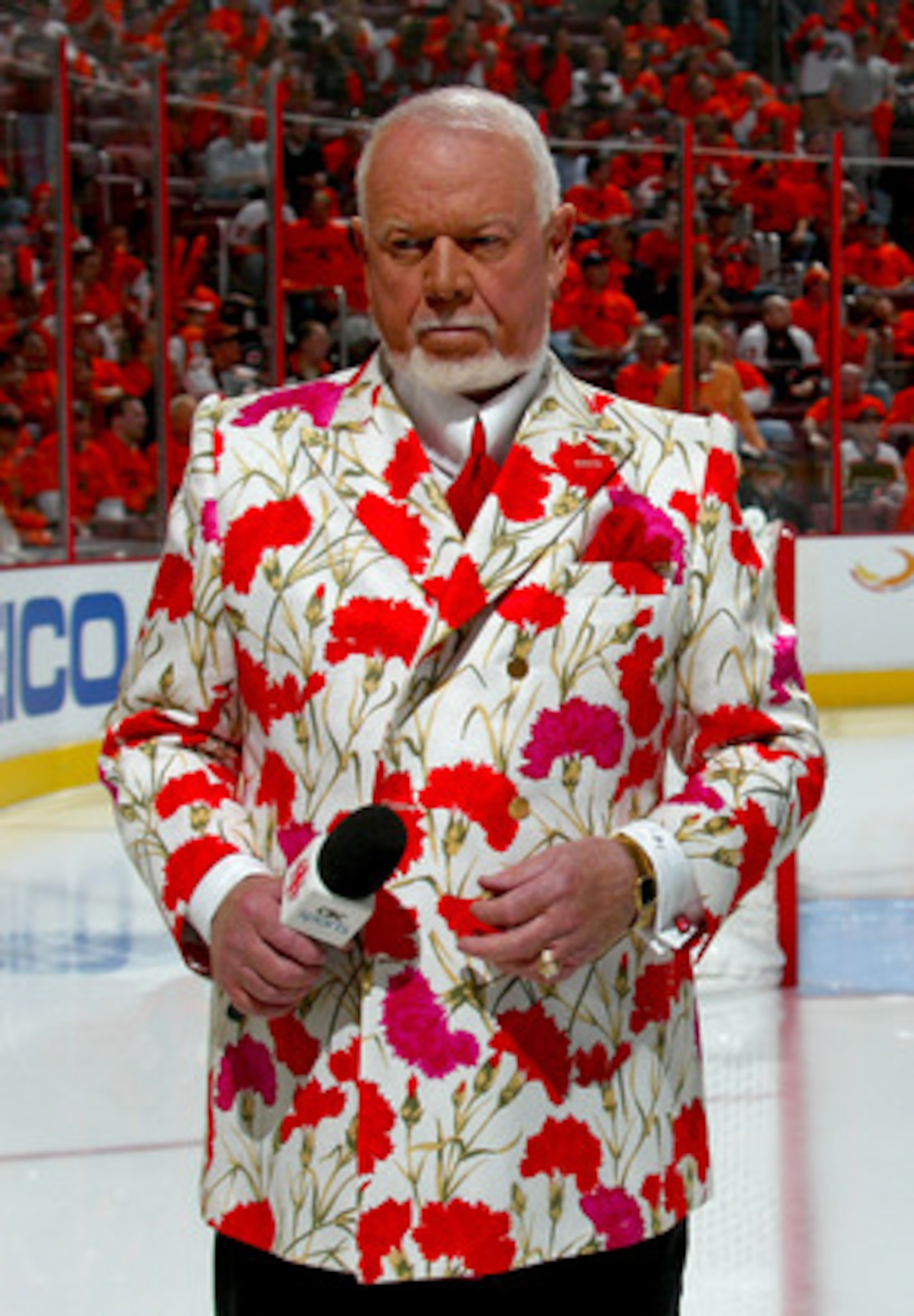 PHILADELPHIA - MAY 13:  Hockey commentator Don Cherry stands on the ice before the start of game three of the Eastern Conference Finals of the 2008 NHL Stanley Cup Playoffs between the Pittsburgh Penguins and the Philadelphia Flyers at Wachovia Center on 