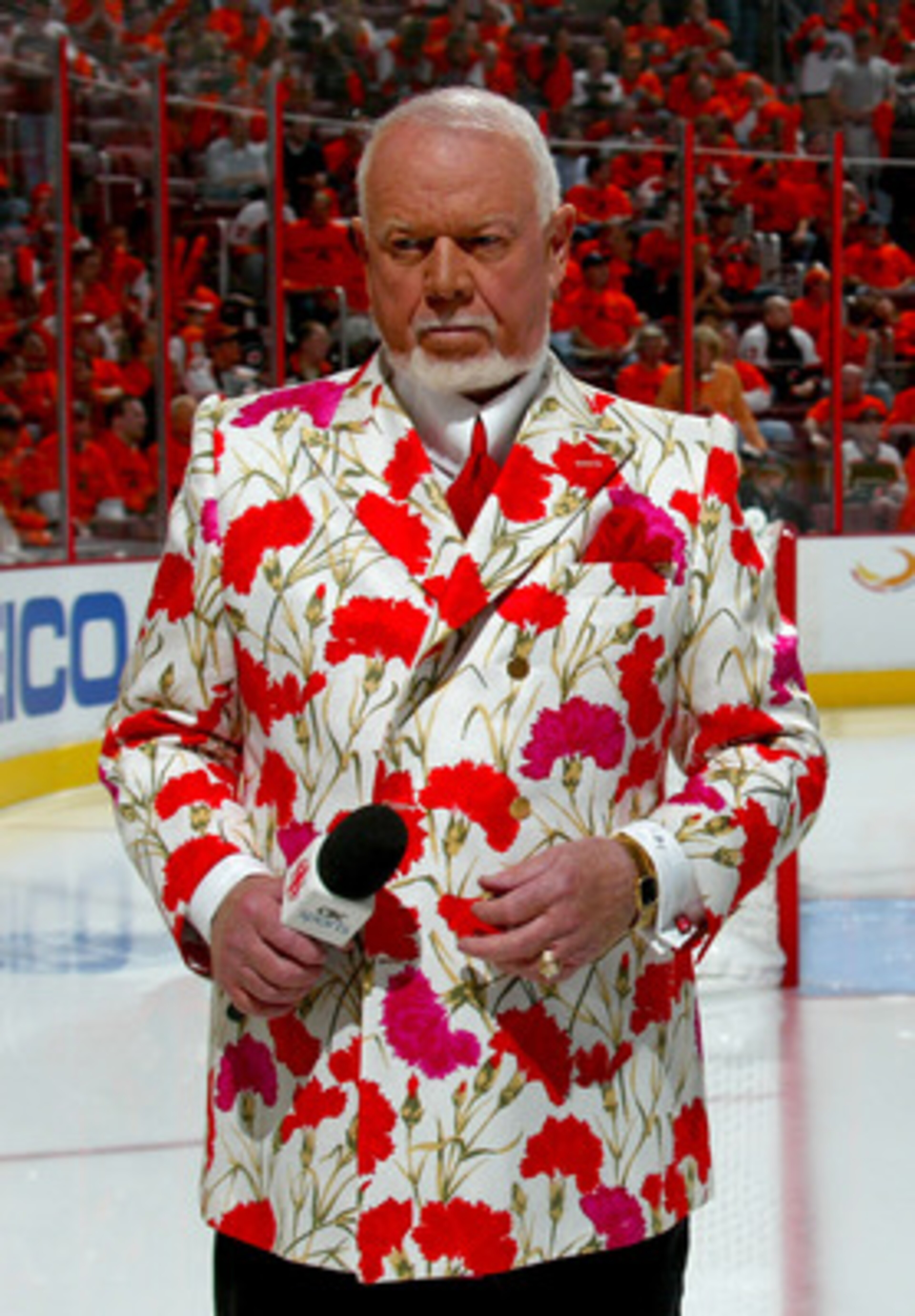 PHILADELPHIA - MAY 13:  Hockey commentator Don Cherry stands on the ice before the start of game three of the Eastern Conference Finals of the 2008 NHL Stanley Cup Playoffs between the Pittsburgh Penguins and the Philadelphia Flyers at Wachovia Center on 