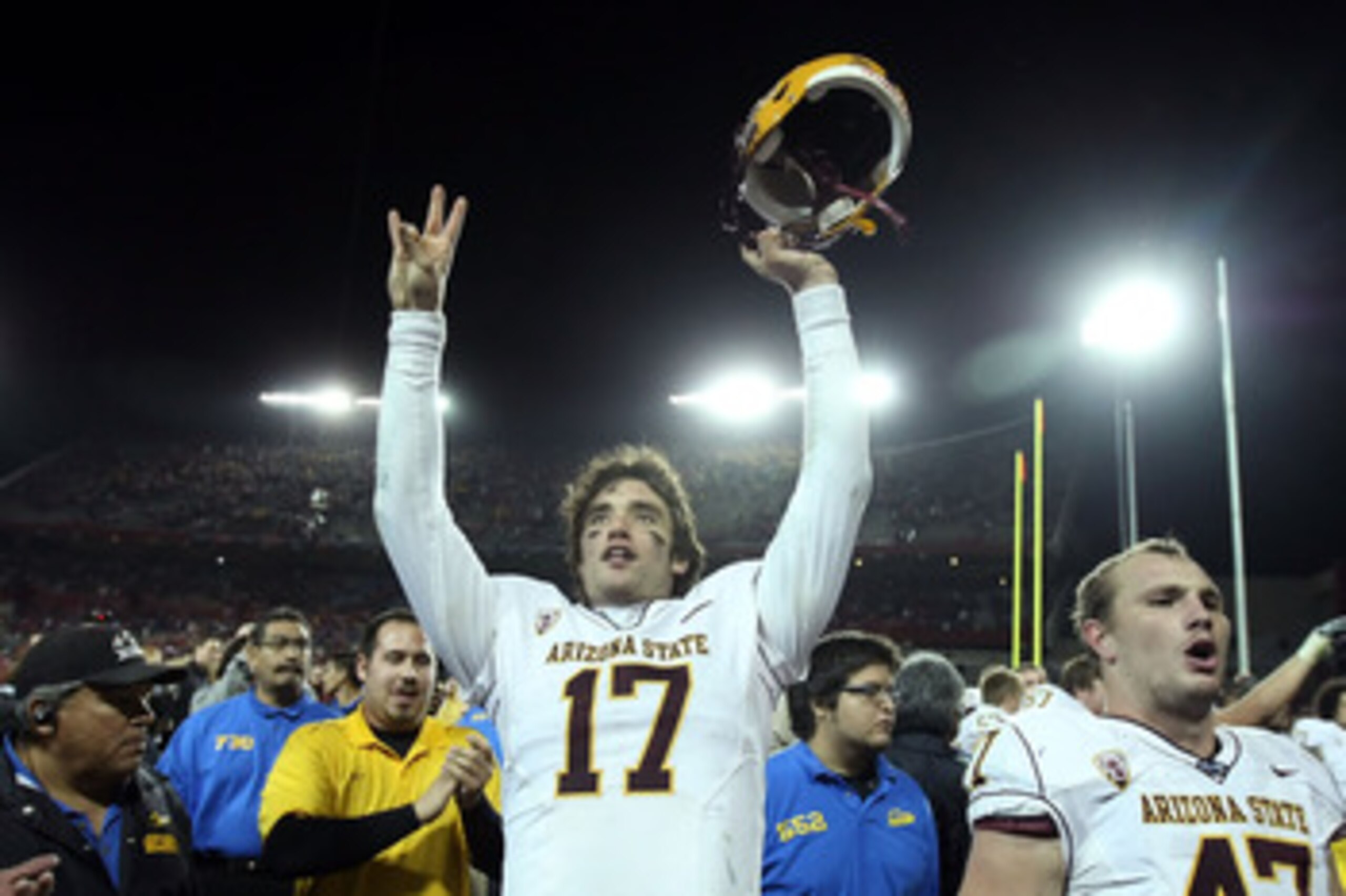 TUCSON, AZ - DECEMBER 02:  Quarterback Brock Osweiler #17 of the Arizona State Sun Devils celebrates after defeating the Arizona Wildcats in college football game at Arizona Stadium on December 2, 2010 in Tucson, Arizona. The Sun Devils defeated the Wildc