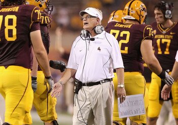 TEMPE, AZ - SEPTEMBER 04:  Head coach Dennis Erickson of the Arizona State Sun Devils congratulates teammates after the Sun Devils scored a touchdown during the college football game against the Portland State Vikings at Sun Devil Stadium on September 4,