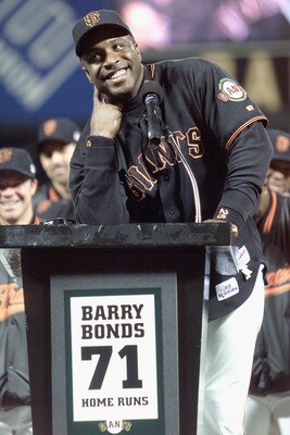 SAN FRANCISCO - OCTOBER 5:  Barry Bonds #25 of the San Francisco Giants smiles during a ceremony after the game against the Los Angeles Dodgers honoring Bonds breaking the single season home run record on October 5, 2001 at Pac Bell Park in San Francisco,
