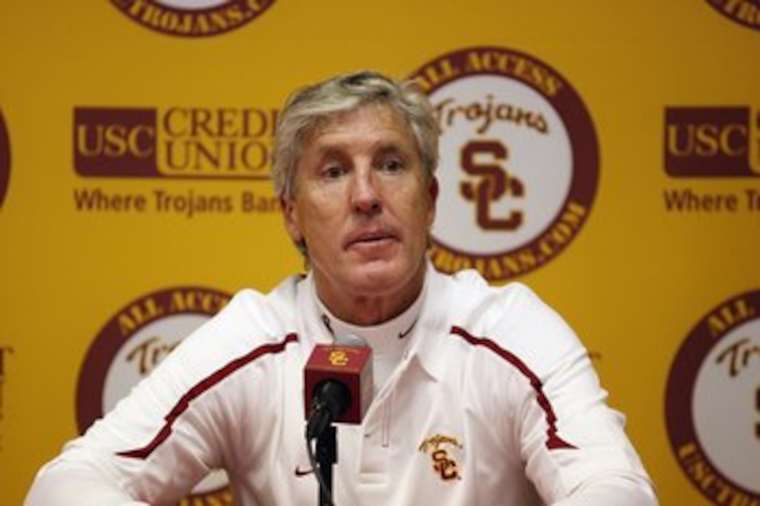 LOS ANGELES, CA - OCTOBER 24:  Head coach Pete Carroll of the USC Trojans listens to a question from a member of the media at a post game press conference following the game against the UCLA Bruins on November 28, 2009 at the Los Angeles Coliseum in Los A
