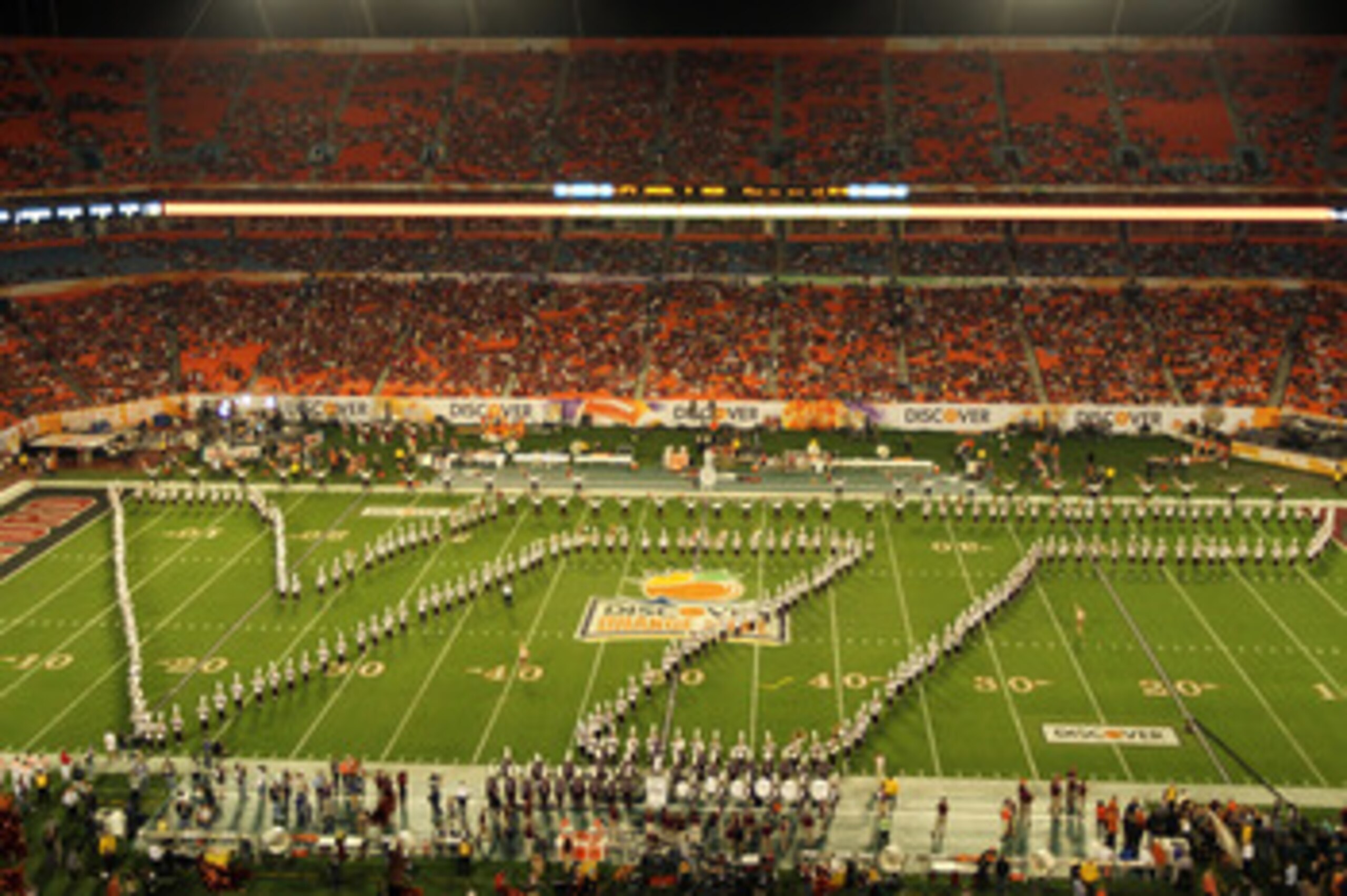 MIAMI, FL - JANUARY 03:  The Virginia Tech Hokies marching band performs prior to the Hokies playing against the Stanford Cardinal during the 2011 Discover Orange Bowl at Sun Life Stadium on January 3, 2011 in Miami, Florida.  (Photo by Mike Ehrmann/Getty