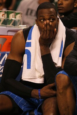 BOSTON - MAY 22:  Dwight Howard #12 of the Orlando Magic sits on the bench dejected late in the fourth quarter against the Boston Celtics at TD Banknorth Garden in Game Three of the Eastern Conference Finals during the 2010 NBA Playoffs on May 22, 2010 in