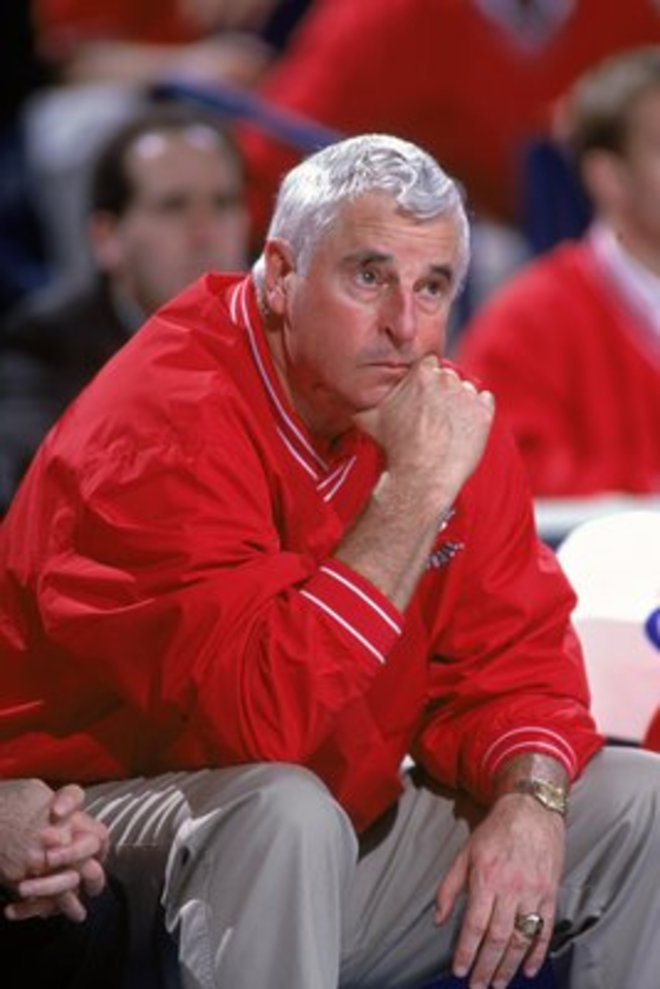 17 Mar 2000: Head Coach Bobby Knight of the Indiana Hoosiers looks somber as he watches the action from the bench during round one of the NCAA Tournament Game against the Pepperdine Wave at the HSBC Arena in Buffalo, New York. The Wave defeated the Hoosie