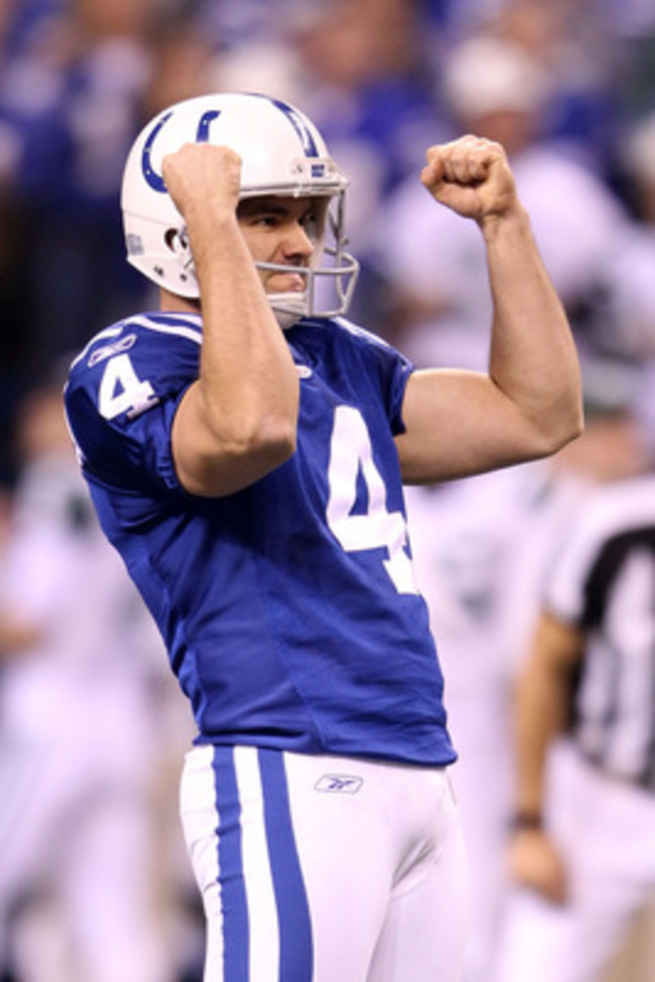 INDIANAPOLIS, IN - JANUARY 08: Adam Vinatieri #4 of the Indianapolis Colts reacts after he kicked a successful 50-yard field goal in the fourth quarter against the New York Jets during their 2011 AFC wild card playoff game at Lucas Oil Stadium on January INDIANAPOLIS, IN - JANUARY 08: Adam Vinatieri #4 of the Indianapolis Colts reacts after he kicked a successful 50-yard field goal in the fourth quarter against the New York Jets during their 2011 AFC wild card playoff game at Lucas Oil Stadium on January