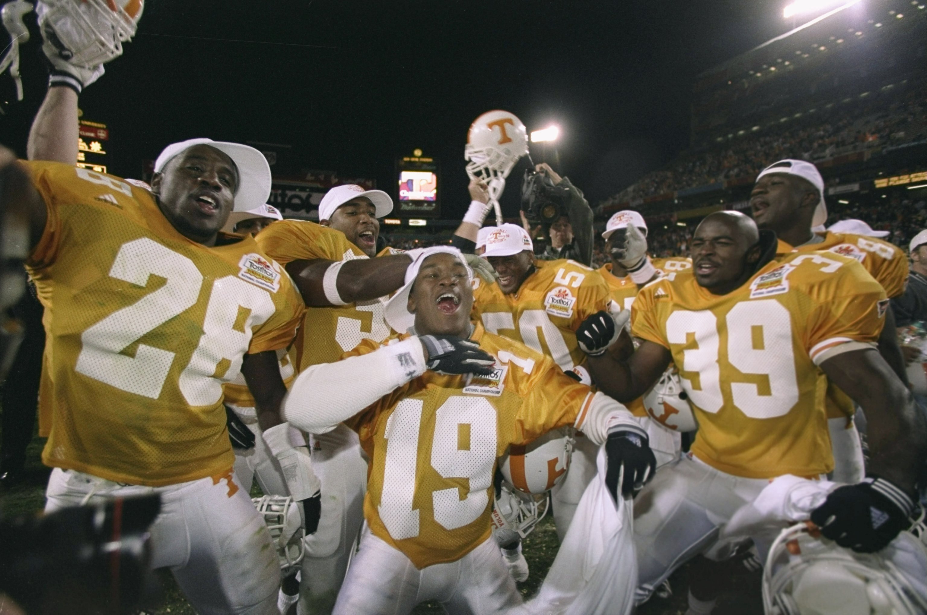 4 Jan 1999:  the Tennesse Volunteers celebrate during the Fiesta Bowl Game against the Florida State Seminoles at the Sun Devil Stadium in Tempe, Arizona. Tennessee defeated Florida State 23-16. Mandatory Credit: Jed Jacobsohn  /Allsport