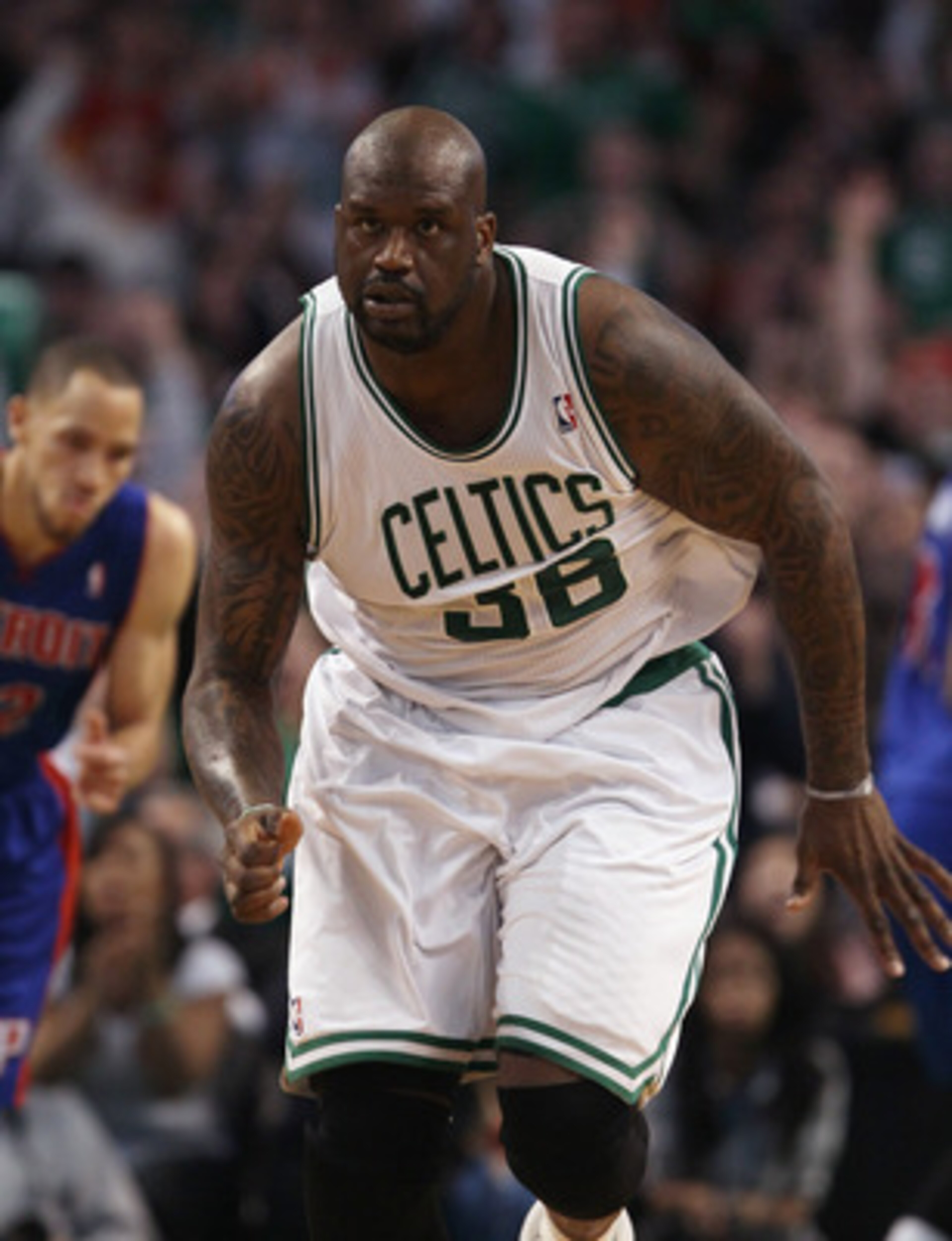 BOSTON, MA - JANUARY 19:  Shaquille O'Neal #36 of the Boston Celtics celebrates in the fourth quarter against the Detroit Pistons on January 19, 2011 at the TD Garden in Boston, Massachusetts. The Celtics defeated the Pistons 86-82. NOTE TO USER: User exp