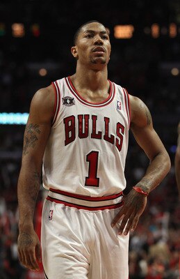 CHICAGO, IL - MAY 04: Derrick Rose #1 of the Chicago Bulls looks up into the stands at family members at the end of Game Two of the Eastern Conference Semifinals in the 2011 NBA Playoffs against the Atlanta Hawks at the United Center on May 4, 2011 in Chi