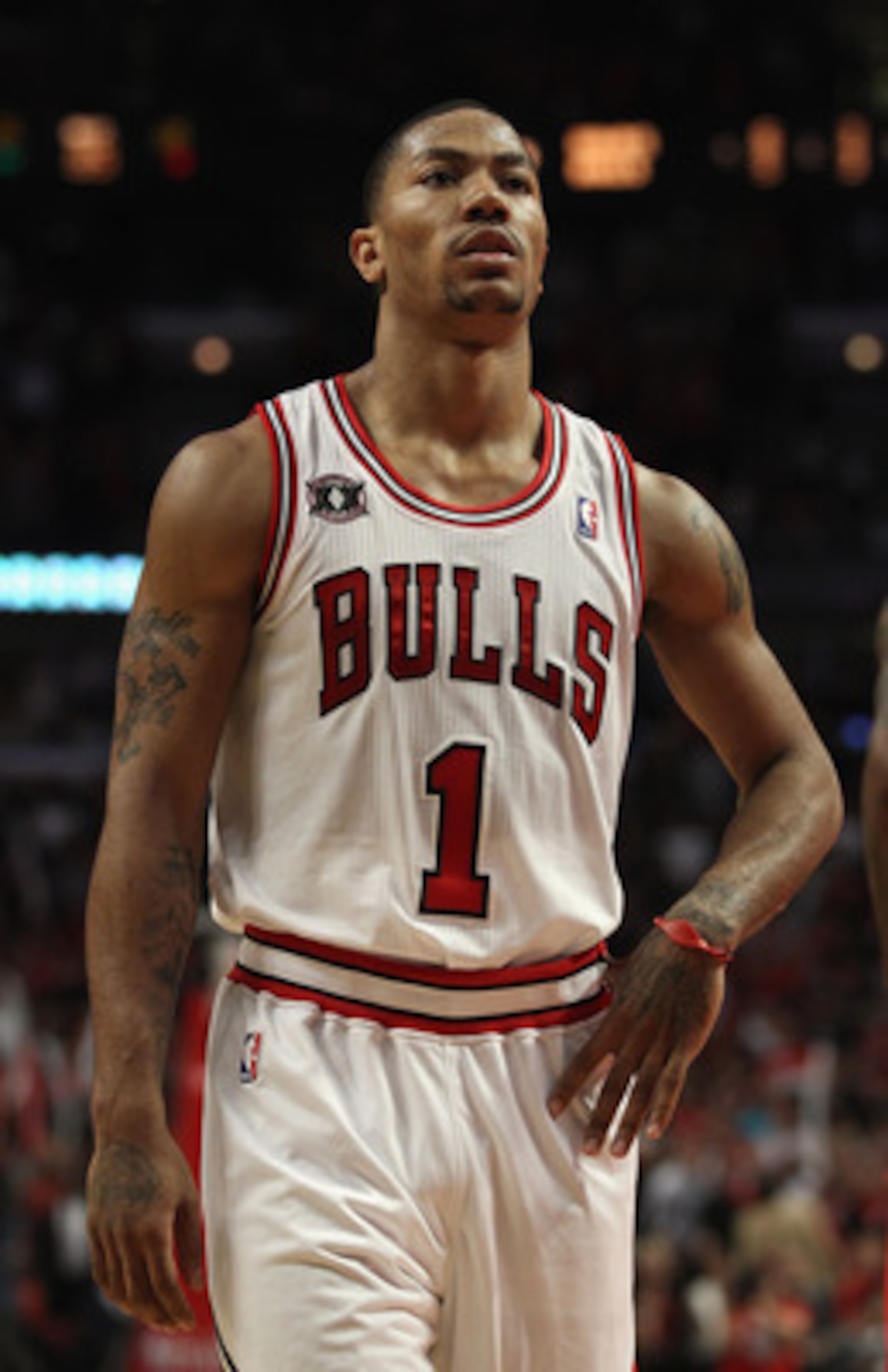 CHICAGO, IL - MAY 04: Derrick Rose #1 of the Chicago Bulls looks up into the stands at family members at the end of Game Two of the Eastern Conference Semifinals in the 2011 NBA Playoffs against the Atlanta Hawks at the United Center on May 4, 2011 in Chi