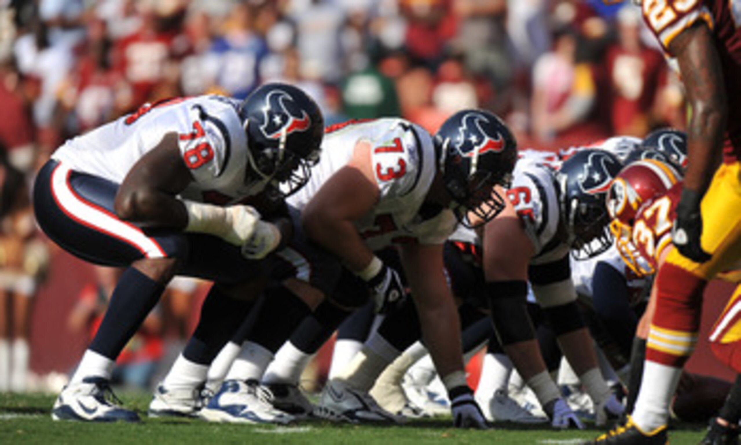 LANDOVER, MD - SEPTEMBER 19:  Eric Winston #73 of the Houston Texans defends against the Washington Redskins at FedExField on September 19, 2010 in Landover, Maryland. The Texans defeated the Redskins in overtime 30-27. (Photo by Larry French/Getty Images