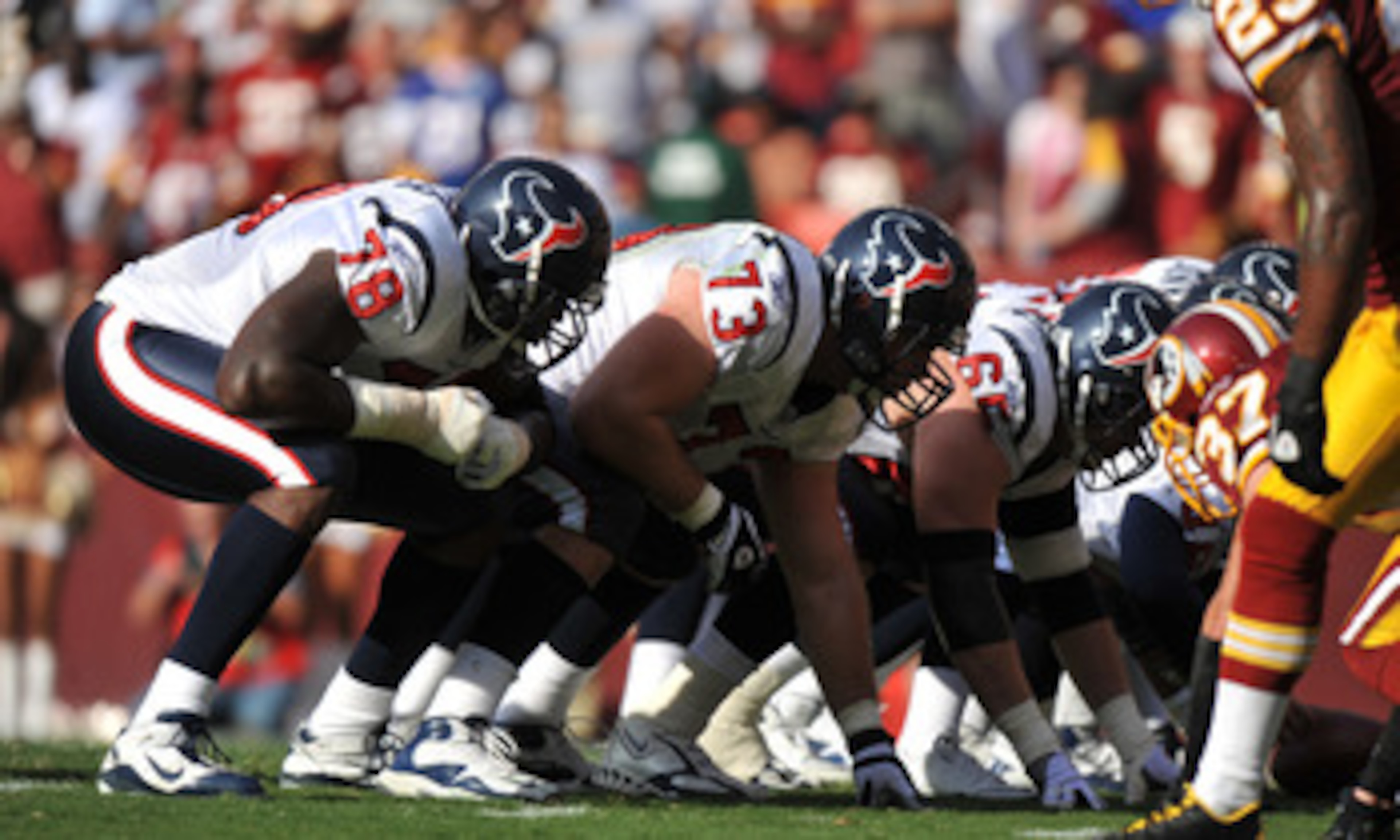 LANDOVER, MD - SEPTEMBER 19:  Eric Winston #73 of the Houston Texans defends against the Washington Redskins at FedExField on September 19, 2010 in Landover, Maryland. The Texans defeated the Redskins in overtime 30-27. (Photo by Larry French/Getty Images