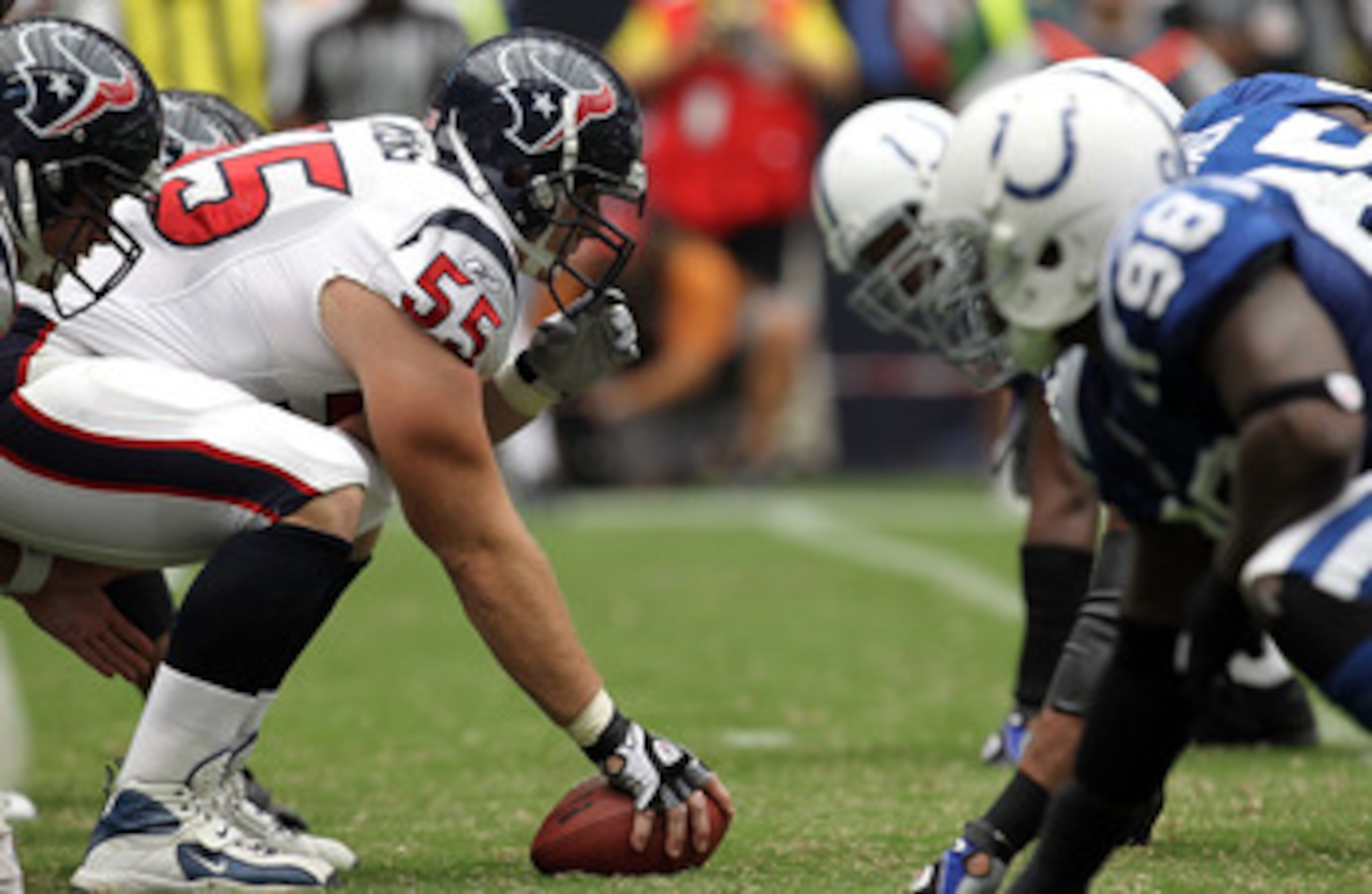 HOUSTON - SEPTEMBER 12:  Center Chris Myers #55 of the Houston Texans prepares to snap the ball against the Indianapolis Colts in the NFL season opener at Reliant Stadium on September 12, 2010 in Houston, Texas.  (Photo by Ronald Martinez/Getty Images)