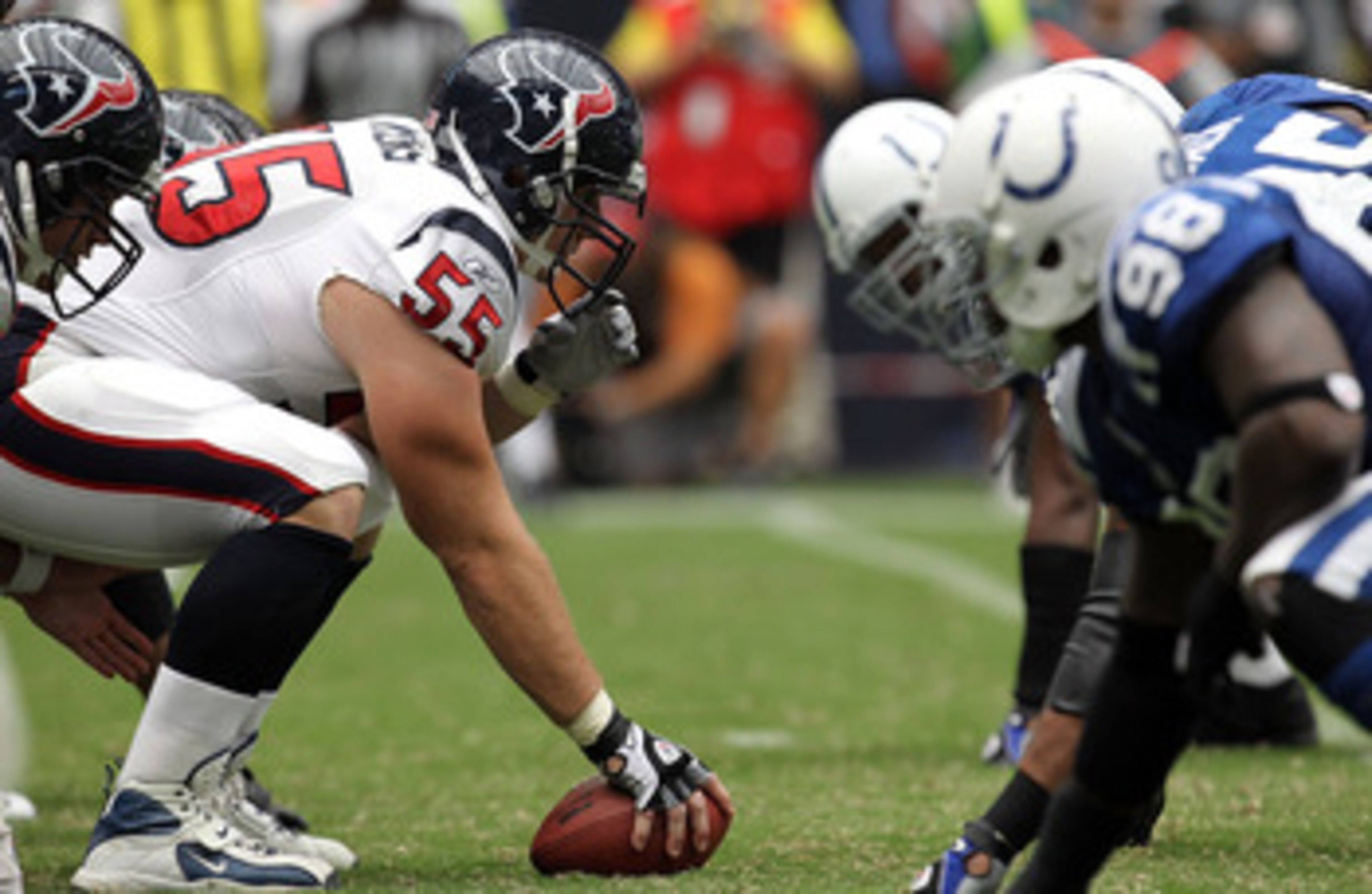 HOUSTON - SEPTEMBER 12:  Center Chris Myers #55 of the Houston Texans prepares to snap the ball against the Indianapolis Colts in the NFL season opener at Reliant Stadium on September 12, 2010 in Houston, Texas.  (Photo by Ronald Martinez/Getty Images)