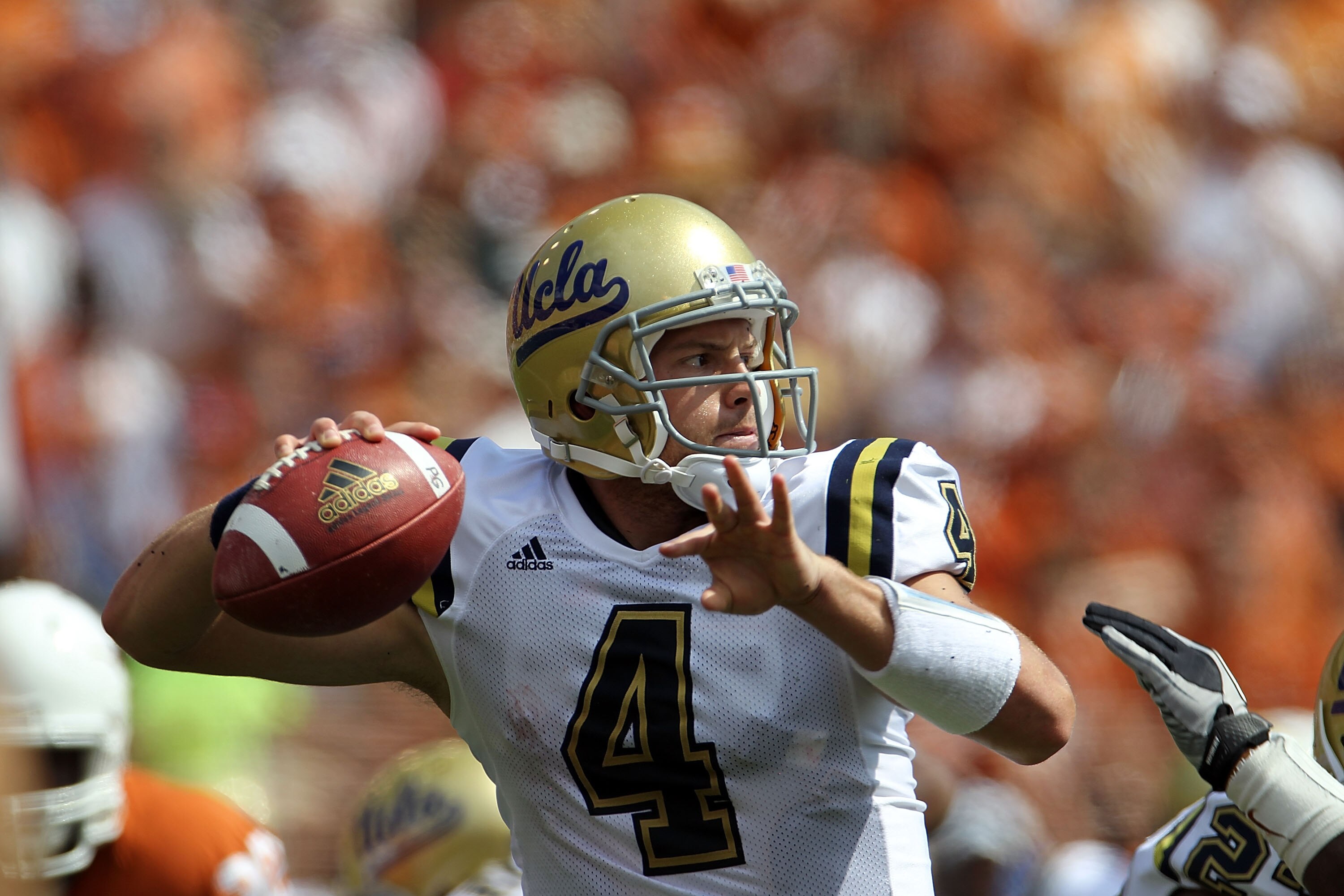AUSTIN, TX - SEPTEMBER 25:  Quarterback Kevin Prince #4 of the UCLA Bruins looks to pass against the Texas Longhorns at Darrell K Royal-Texas Memorial Stadium on September 25, 2010 in Austin, Texas.  (Photo by Ronald Martinez/Getty Images)