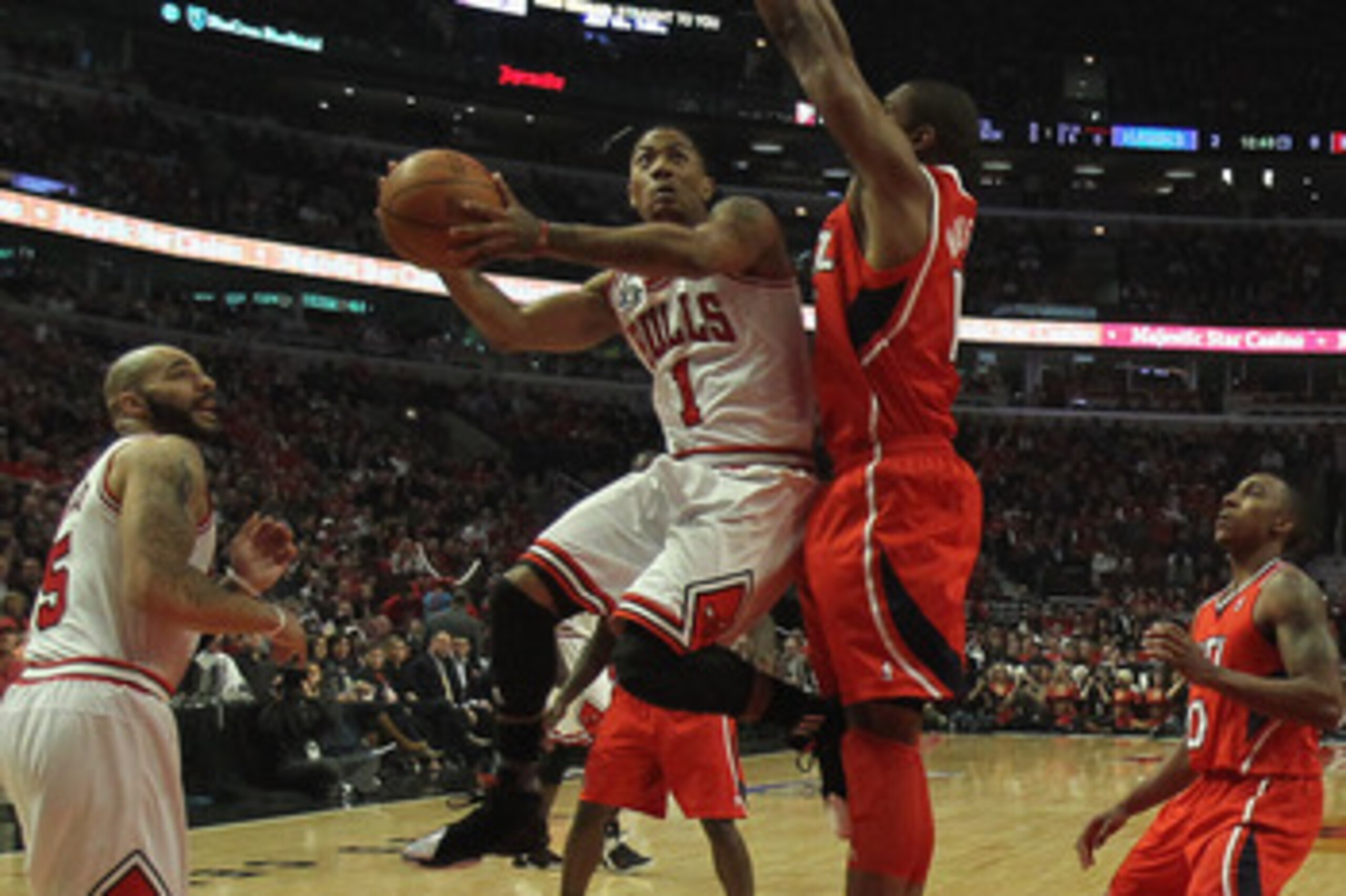 CHICAGO, IL - MAY 02:  Derrick Rose #1 of the Chicago Bulls puts up a shot against Al Horfrod #15 of the Atlanta Hawks in Game One of the Eastern Conference Semifinals in the 2011 NBA Playoffs at the United Center on May 2, 2011 in Chicago, Illinois. The