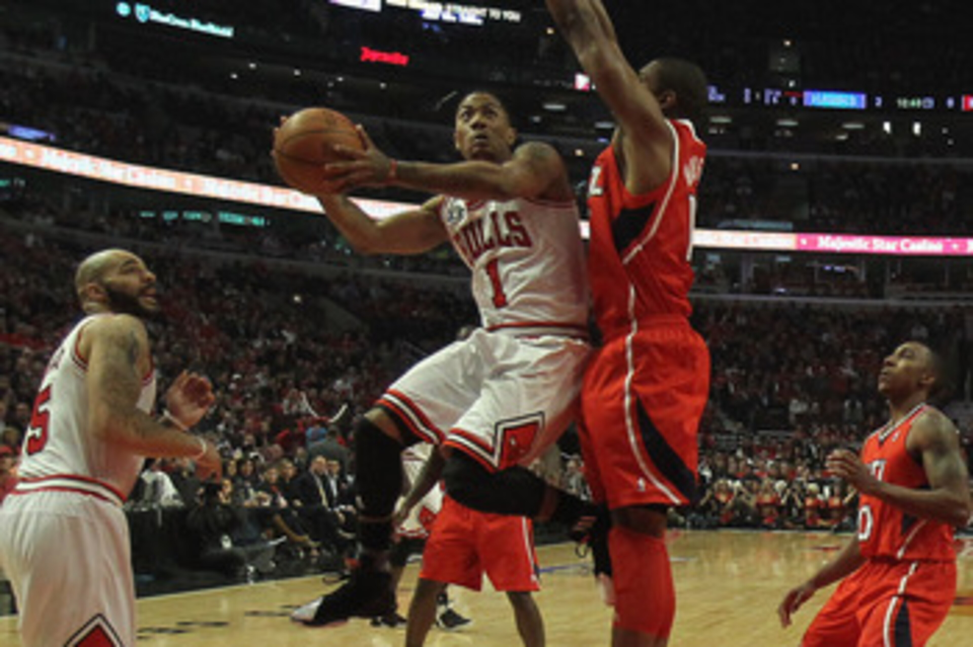 CHICAGO, IL - MAY 02:  Derrick Rose #1 of the Chicago Bulls puts up a shot against Al Horfrod #15 of the Atlanta Hawks in Game One of the Eastern Conference Semifinals in the 2011 NBA Playoffs at the United Center on May 2, 2011 in Chicago, Illinois. The