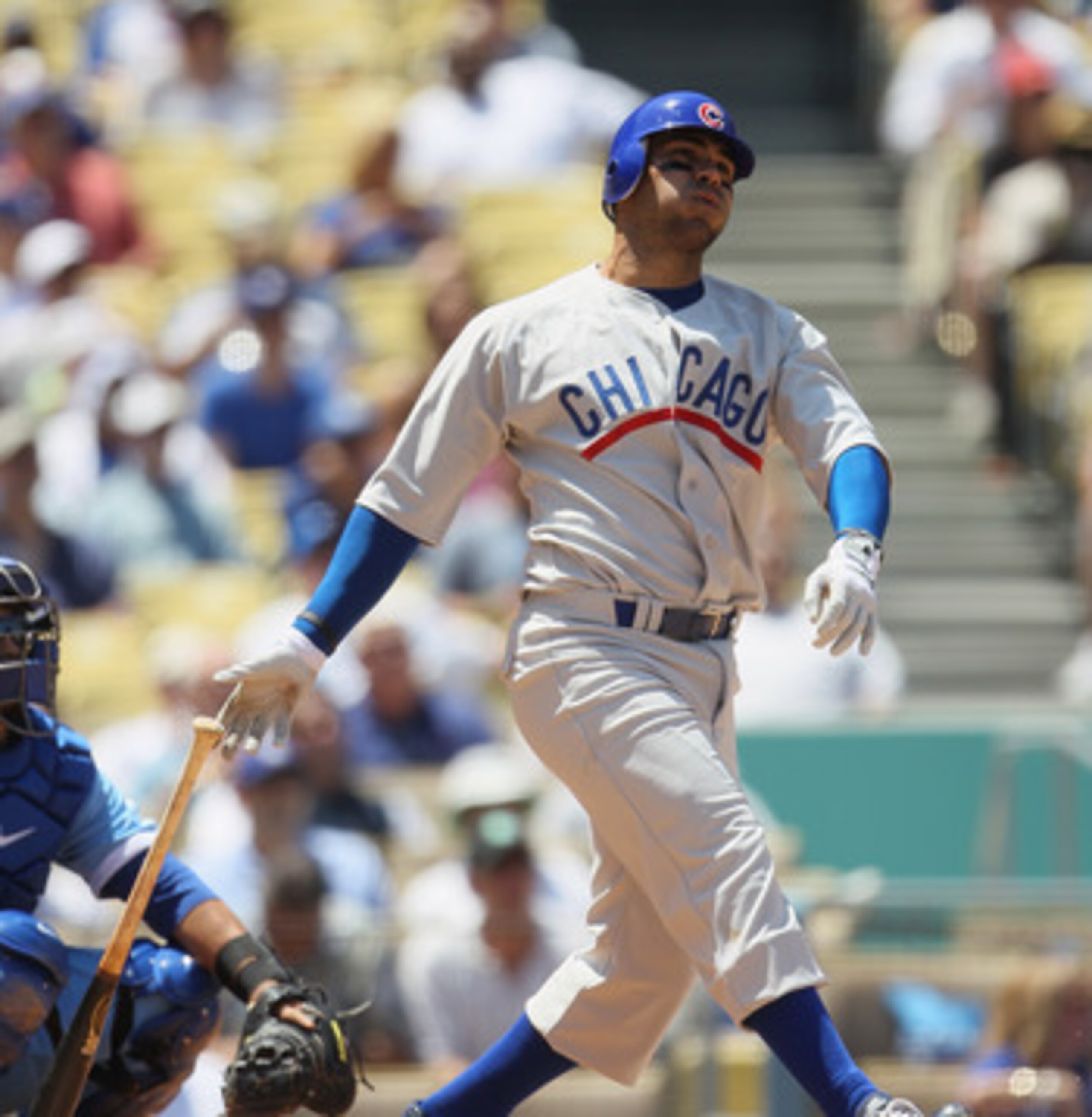 LOS ANGELES, CA - MAY 04:  Carlos Pena #22 of the Chicago Cubs hits a solo home run in the sixth inning against the Los Angeles Dodgers at Dodger Stadium on May 4, 2011 in Los Angeles, California. The Cubs defeated the Dodgers 5-1.  (Photo by Jeff Gross/G
