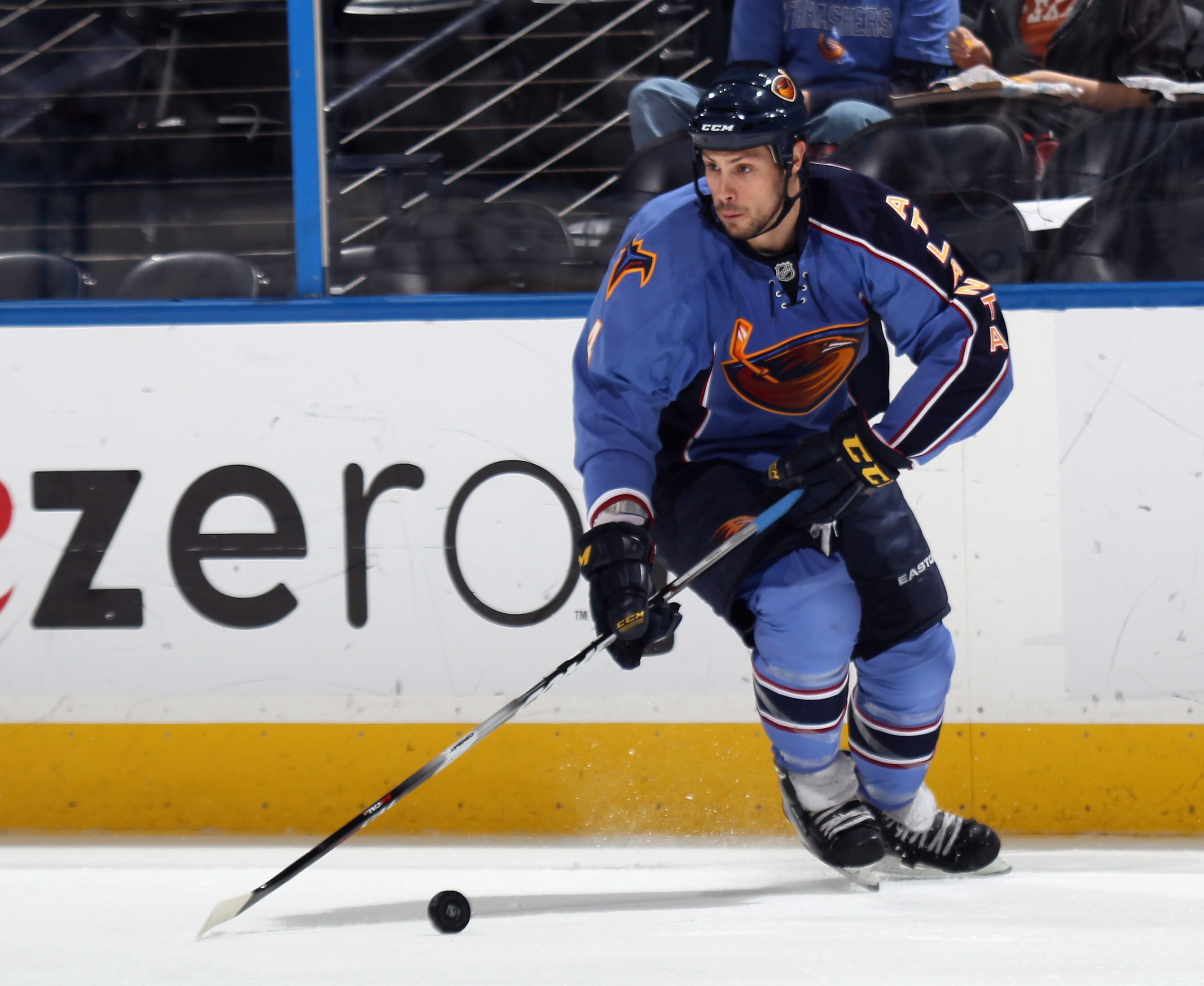 ATLANTA, GA - MARCH 27: Zach Bogosian #4 of the Atlanta Thrashers skates against the Ottawa Senators at the Philips Arena on March 27, 2011 in Atlanta, Georgia. The Thrashers defeated the 5-4 in the shoot out.  (Photo by Bruce Bennett/Getty Images)