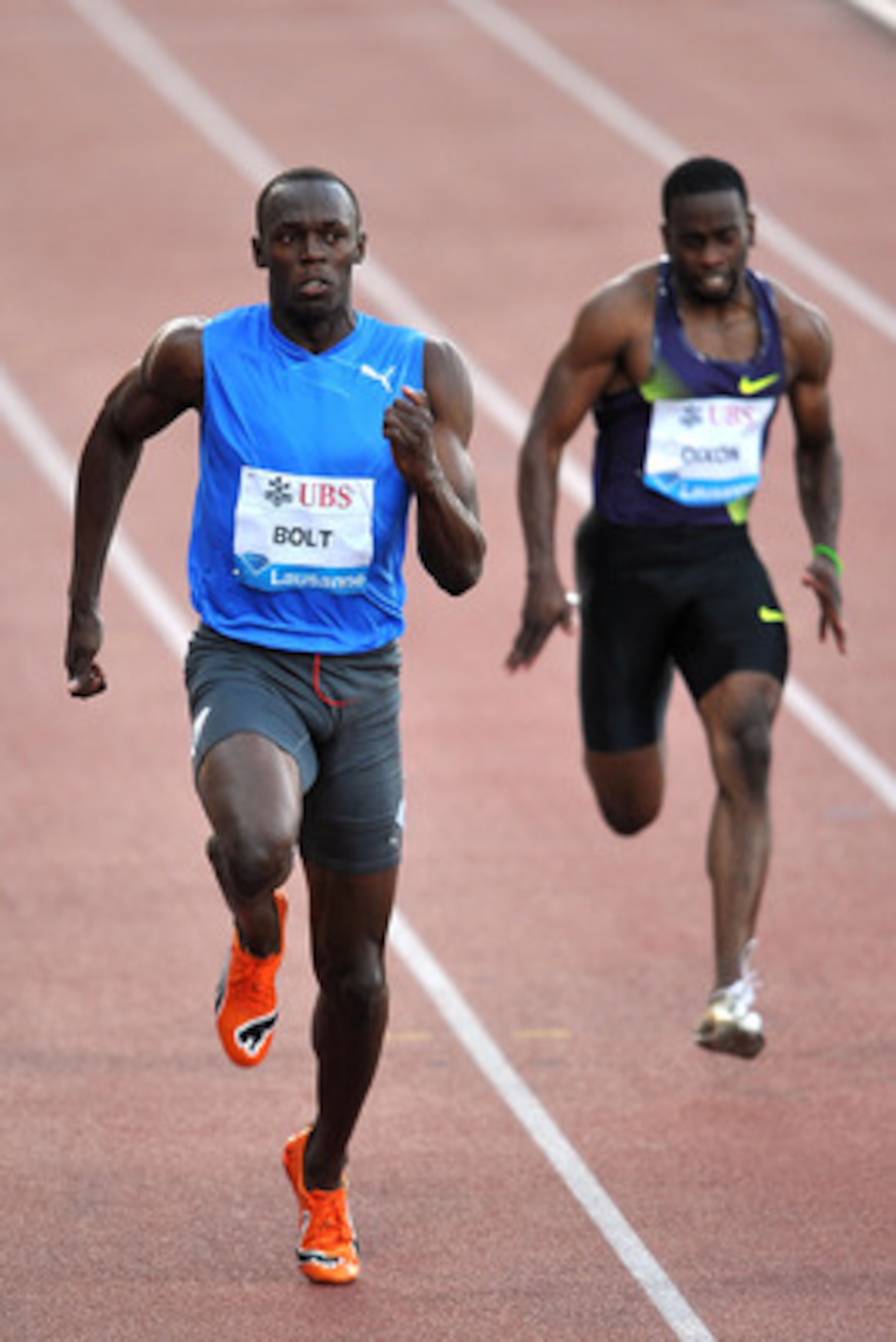 LAUSANNE, SWITZERLAND - JULY 08: Usain Bolt (L) of Jamaica competes in the Men's 100m during the IAAF Samsung Diamond League Athletissima meeting at the Olympic stadium on July 8, 2010 in Lausanne, Switzerland. (Photo by Harold Cunningham/Getty Images) LAUSANNE, SWITZERLAND - JULY 08: Usain Bolt (L) of Jamaica competes in the Men's 100m during the IAAF Samsung Diamond League Athletissima meeting at the Olympic stadium on July 8, 2010 in Lausanne, Switzerland. (Photo by Harold Cunningham/Getty Images)