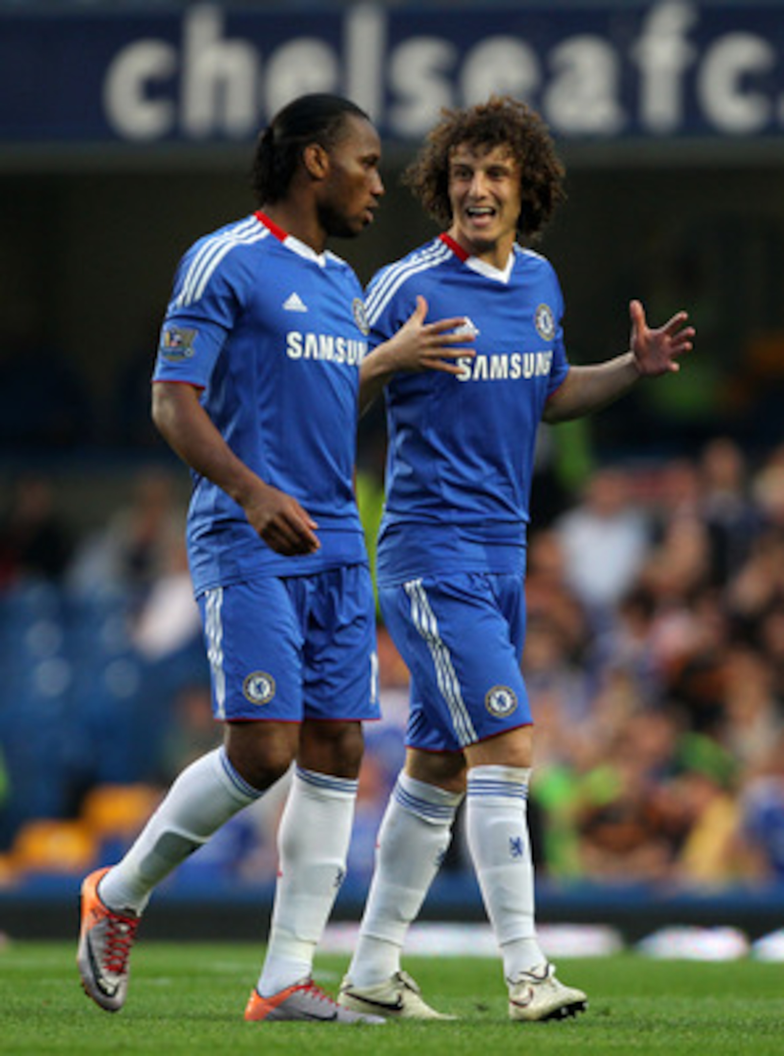 LONDON, ENGLAND - APRIL 20: David Luiz (R) and Didier Drogba of Chelsea talk during the Barclays Premier League match between Chelsea and Birmingham City at Stamford Bridge on April 20, 2011 in London, England. (Photo by Clive Rose/Getty Images) LONDON, ENGLAND - APRIL 20: David Luiz (R) and Didier Drogba of Chelsea talk during the Barclays Premier League match between Chelsea and Birmingham City at Stamford Bridge on April 20, 2011 in London, England. (Photo by Clive Rose/Getty Images)